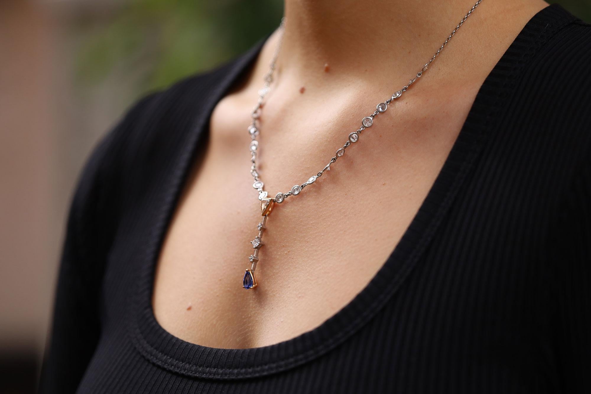 Artisan Mid Century Estate 4 Carat Diamond and Sapphire Drop Necklace For Sale