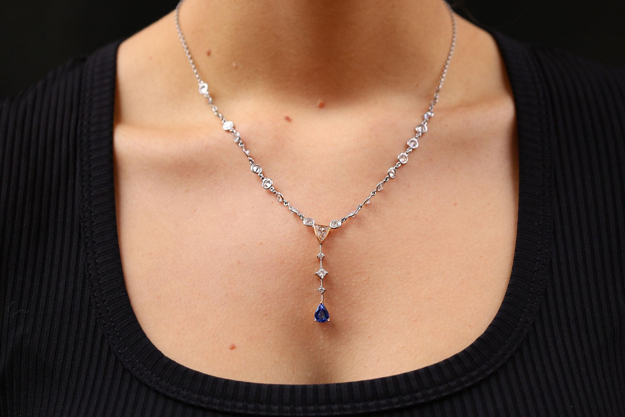 Pear Cut Mid Century Estate 4 Carat Diamond and Sapphire Drop Necklace For Sale