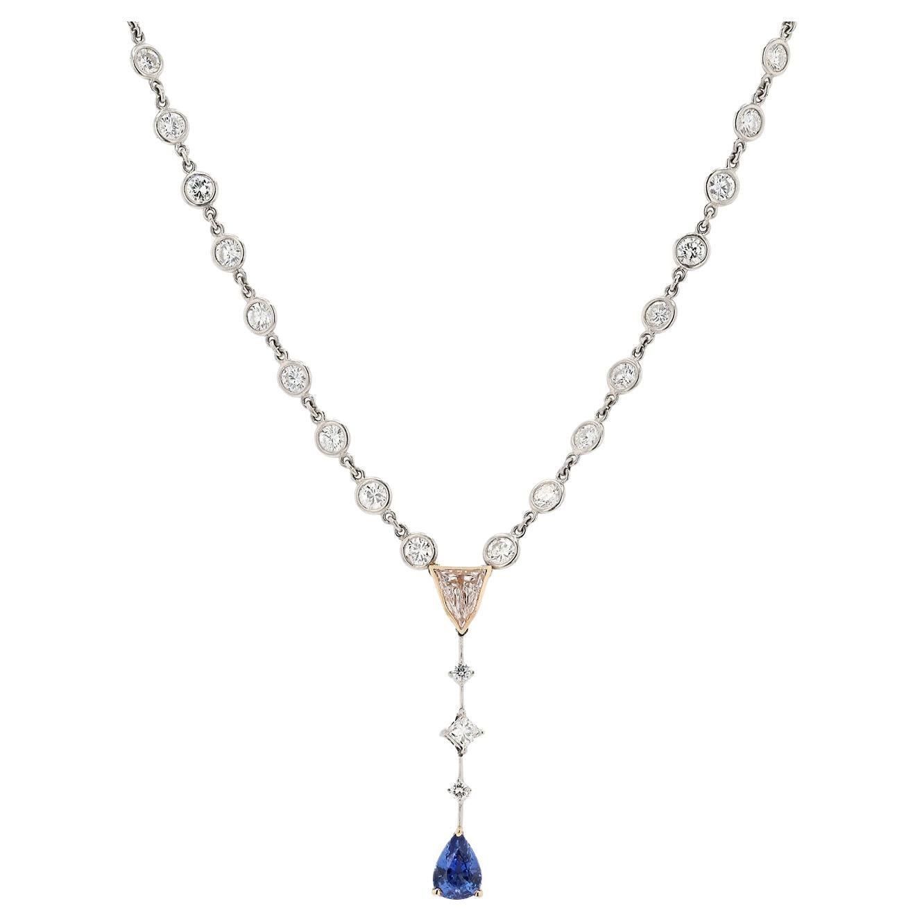 Mid Century Estate 4 Carat Diamond and Sapphire Drop Necklace For Sale