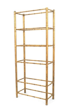 Mid-Century Etagere, Dark Gold Faux Bamboo, 6 Glass Shelves, USA