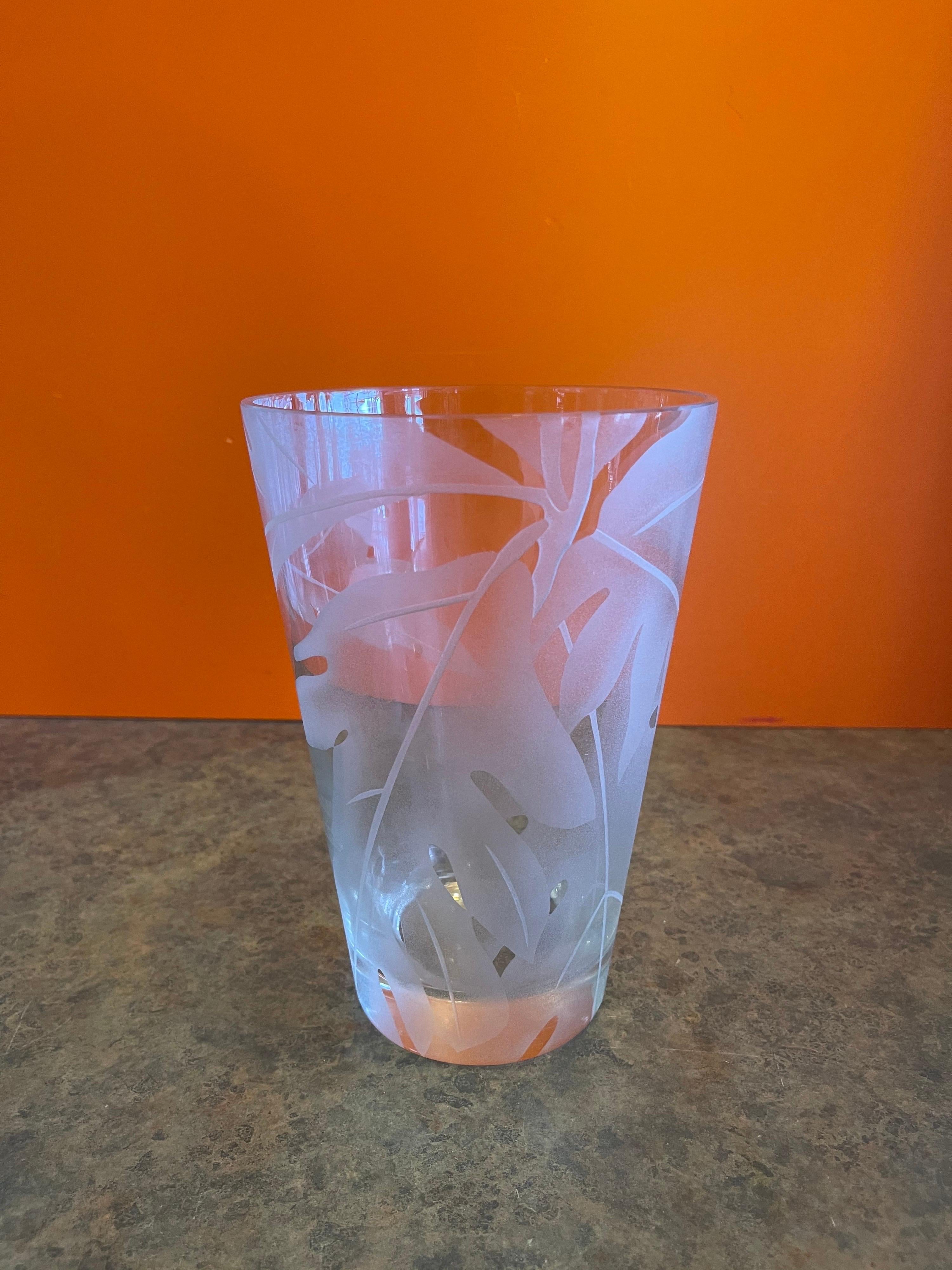 Mid-Century Etched Glass Floral Vase by Dorothy Thorpe 2