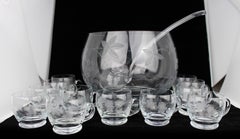 Mid-Century Etched Glass Punch Bowl Set with 12 Cups and Ladle, c.1950s