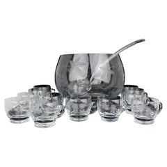 Mid-Century Etched Glass Punch Bowl Set with 12 Cups and Ladle, c.1950s