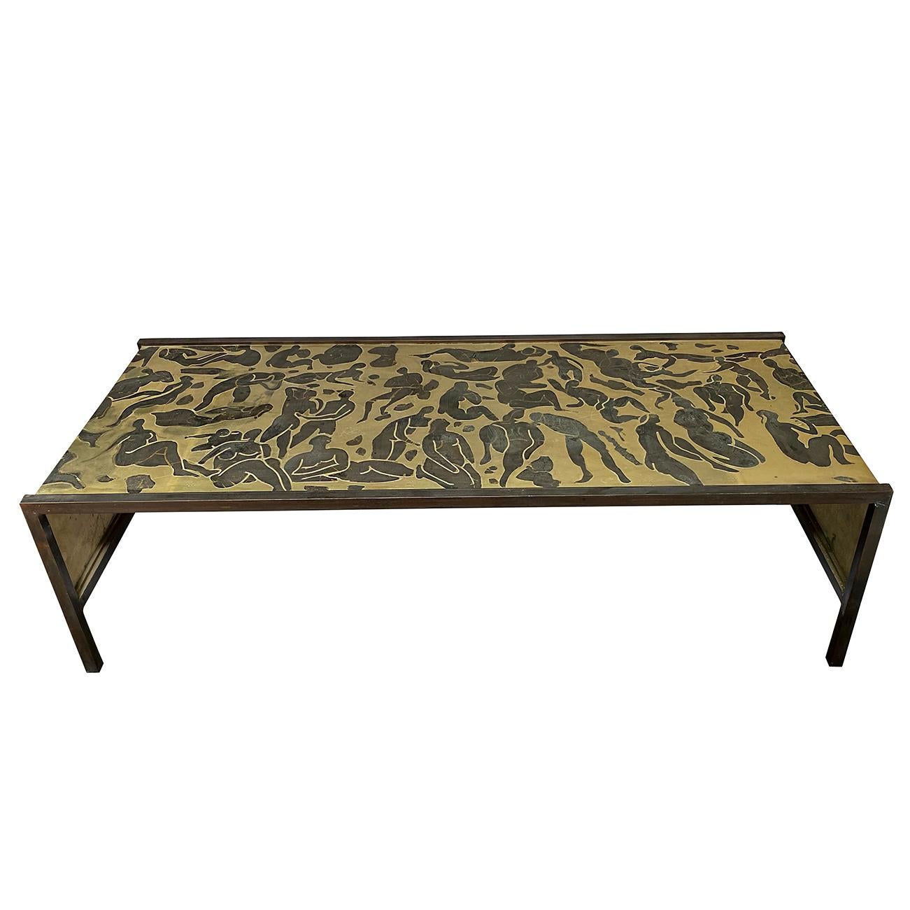 A circa 1960's American etched patinated bronze coffee table.

Measurements:
Height: 17