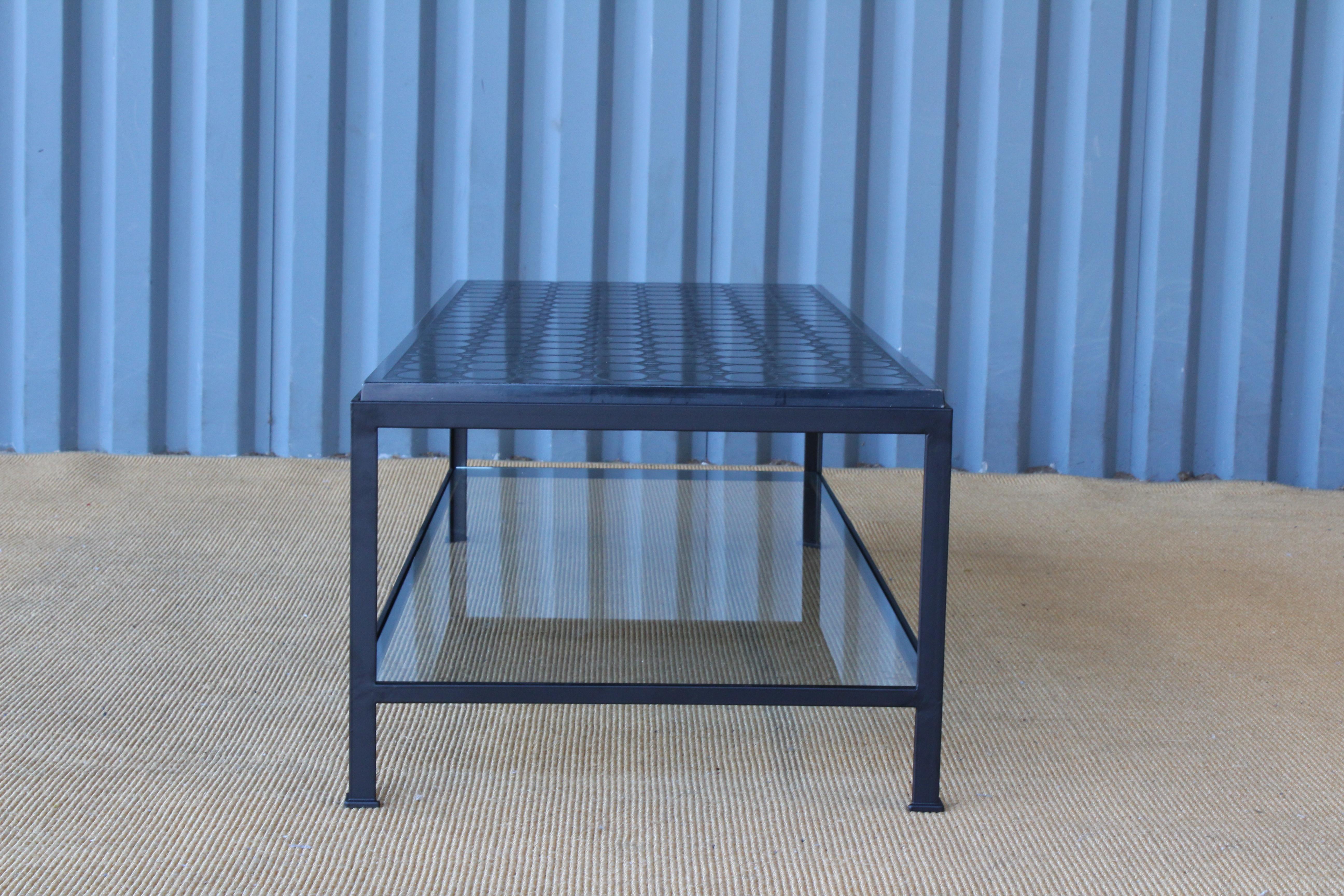 Mid-Century Modern Etched Stone Coffee Table on Steel Base, France, 1950s.