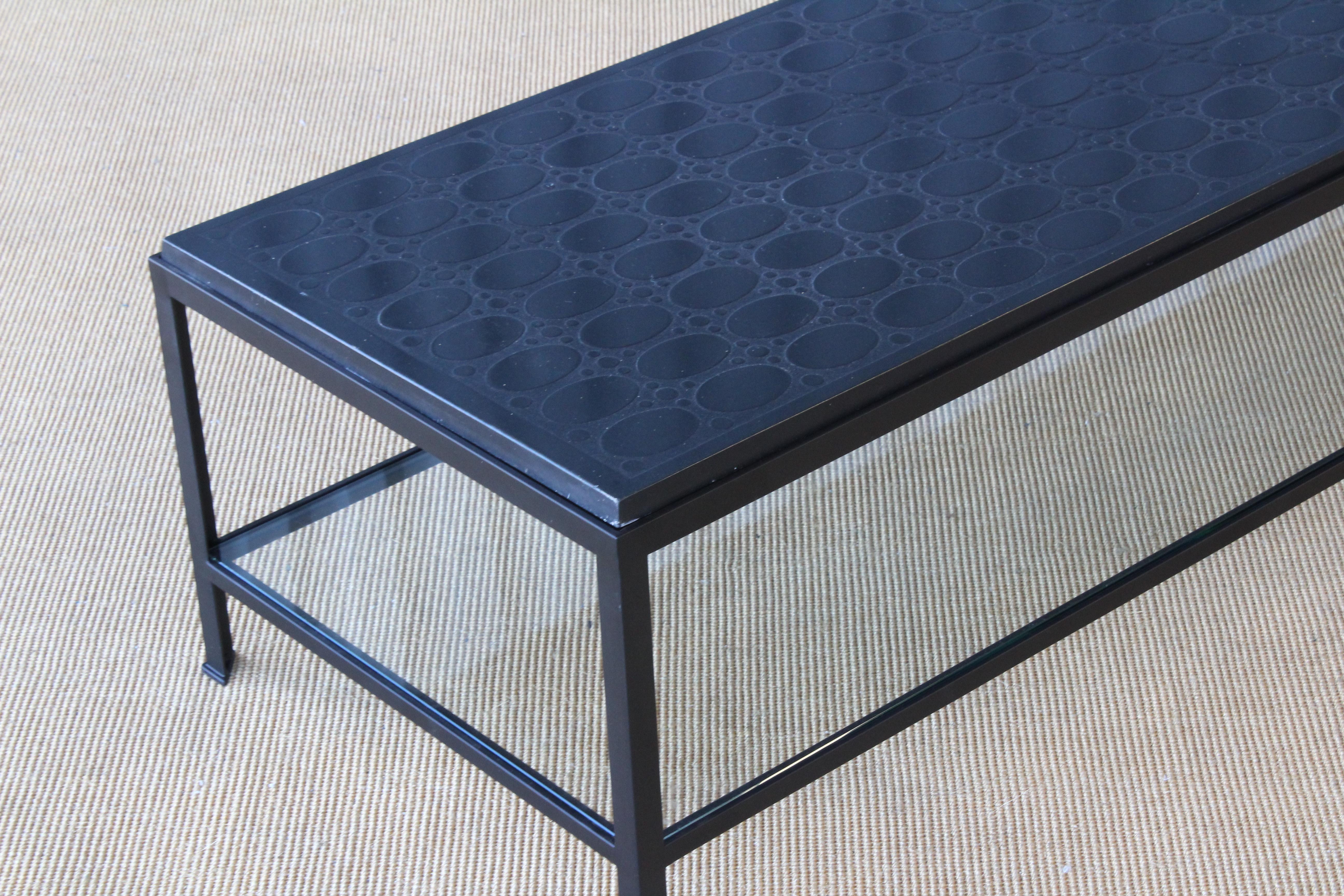 Powder-Coated Etched Stone Coffee Table on Steel Base, France, 1950s.