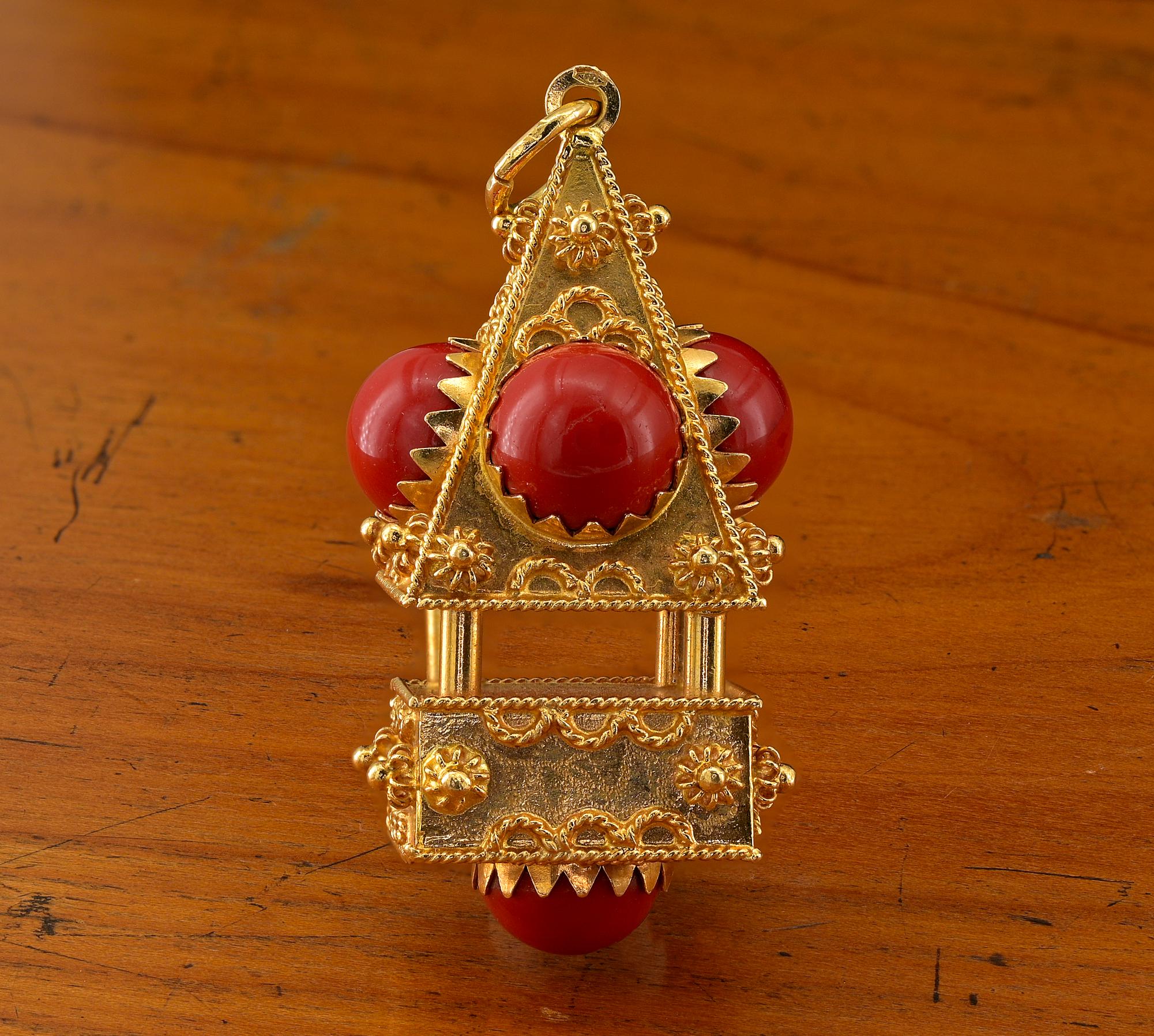 This outstanding vintage Italian Etruscan Revival large fob is 1950/60 ca
An unique version of heavy 18 KT solid gold Venetian lantern fob – weighs an incredibly 22.7 grams -the majority are 7 – 12 grams
Lovely complex workmanship beautifully