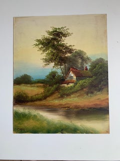 Mid-Century European Cottage Landscape Print After F. May ( Thin Board Panel )