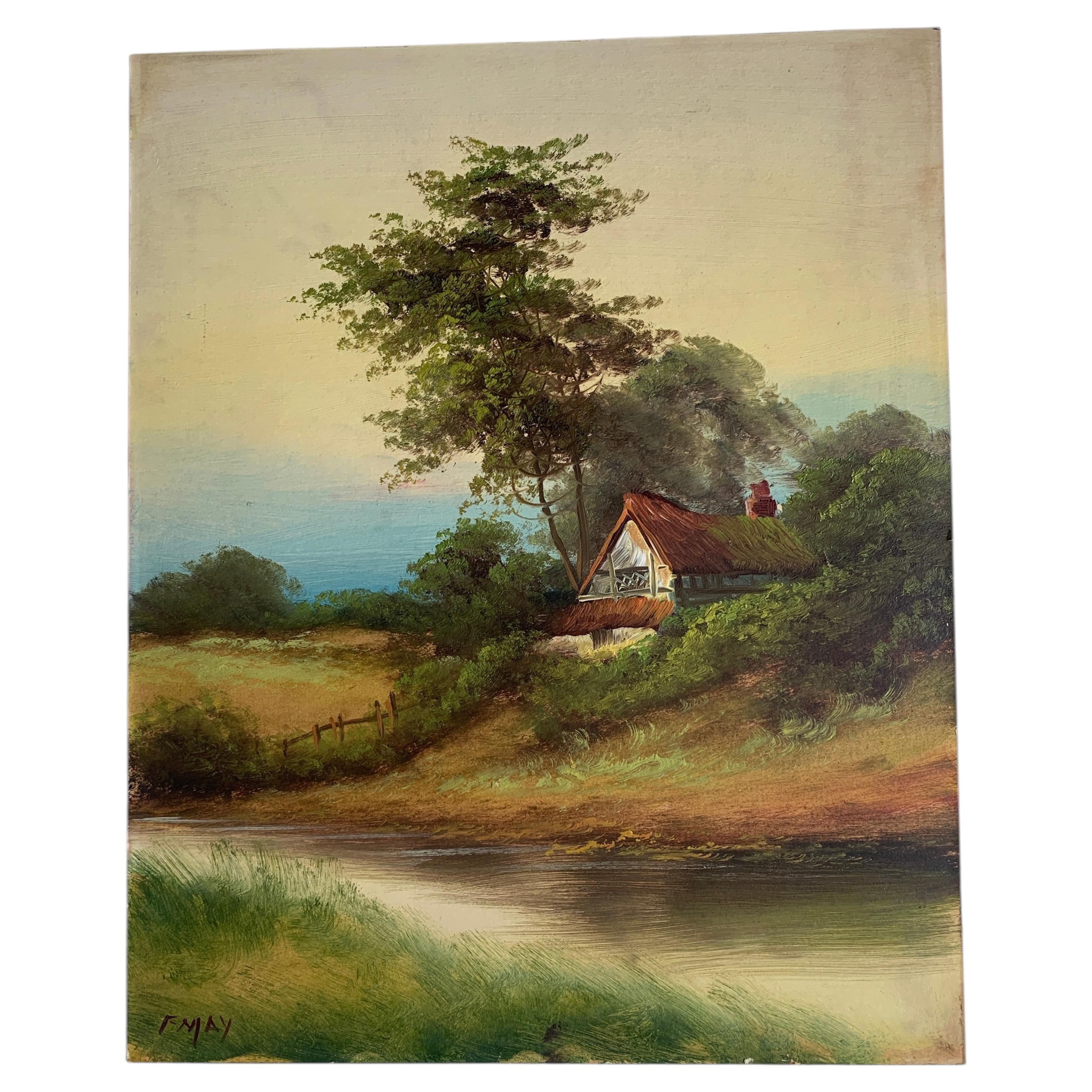 Estampe représentant un paysage de cottage européen du milieu du siècle, d'après F. May (panneau en carton fin)
