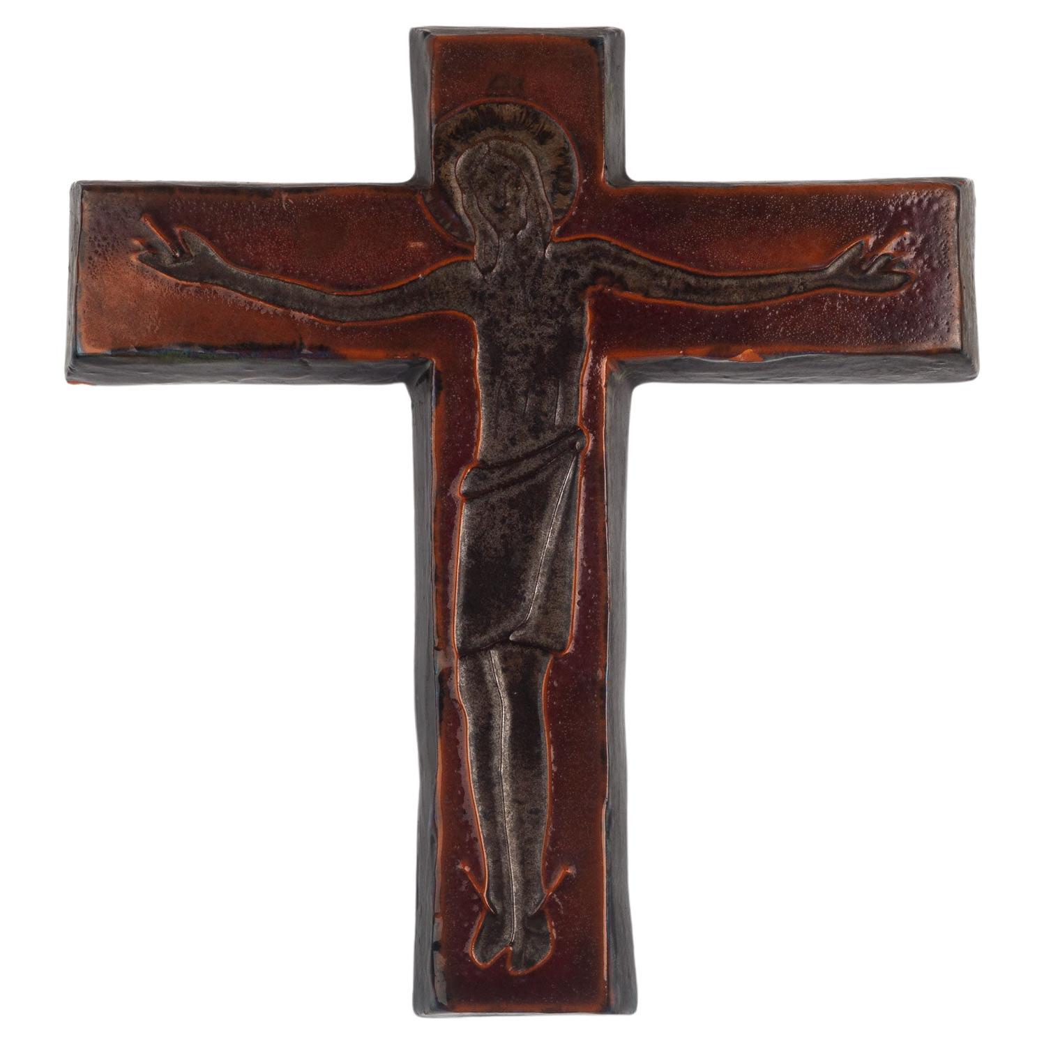 Mid-Century European Crucifix, Brown, Orange, Red, 1960s