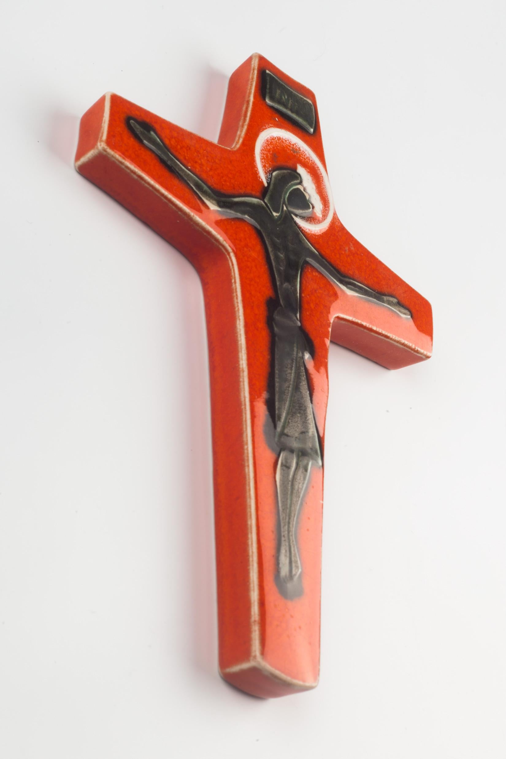 Mid-Century Modern Mid-Century European Crucifix, Green, Orange Painted Ceramic, 1960s