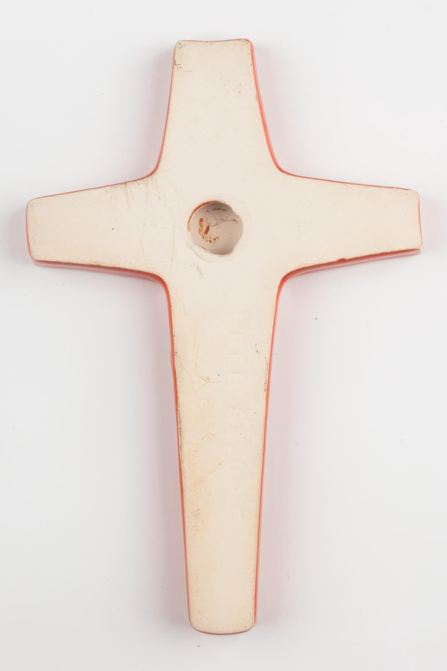 Mid-Century European Crucifix, Green, Orange Painted Ceramic, 1960s In Good Condition In Chicago, IL