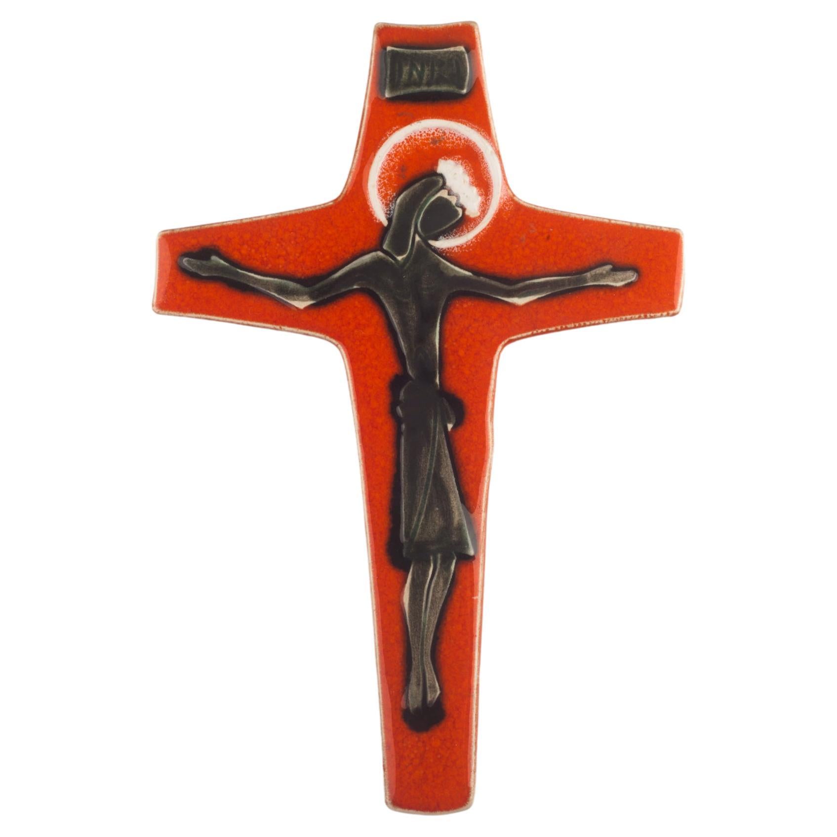 Mid-Century European Crucifix, Green, Orange Painted Ceramic, 1960s