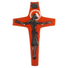 Mid-Century European Crucifix, Green, Orange Painted Ceramic, 1960s
