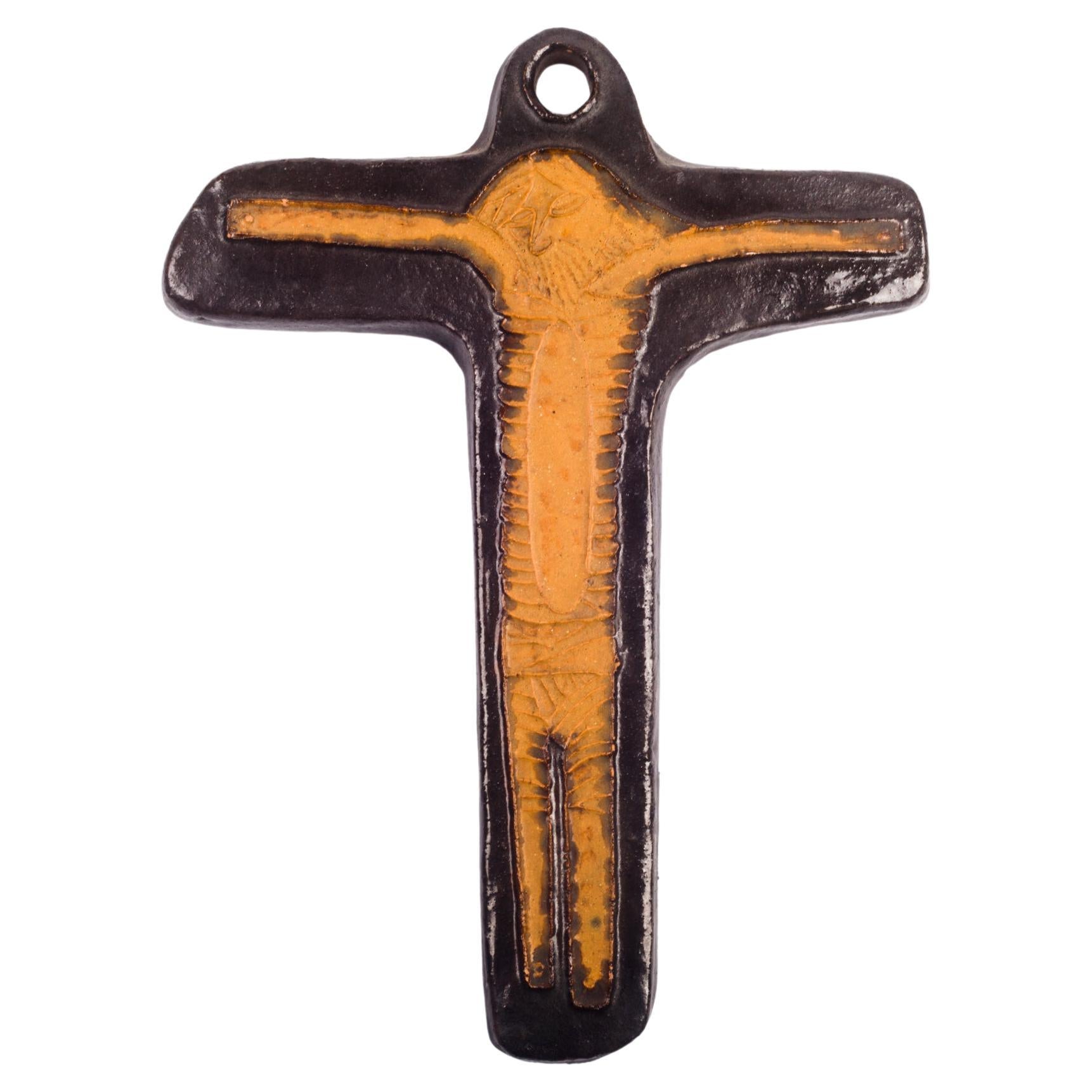 Mid-Century European Crucifix in Ceramic, Brown, Sienna, 1980s
