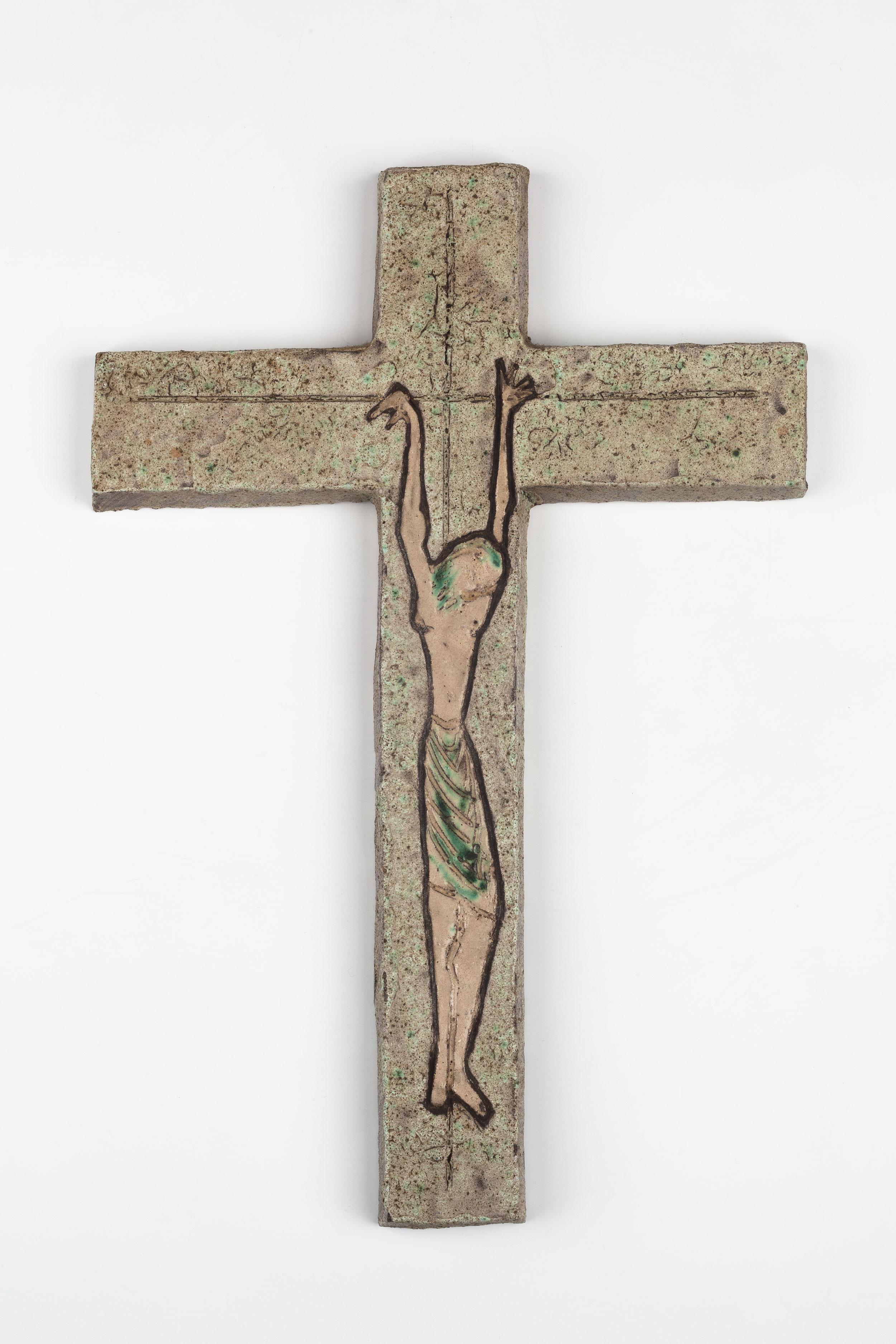 Early 1980s European crucifix hand-painted in matte pastel and earth colors. Brutalist, naive, and even 
