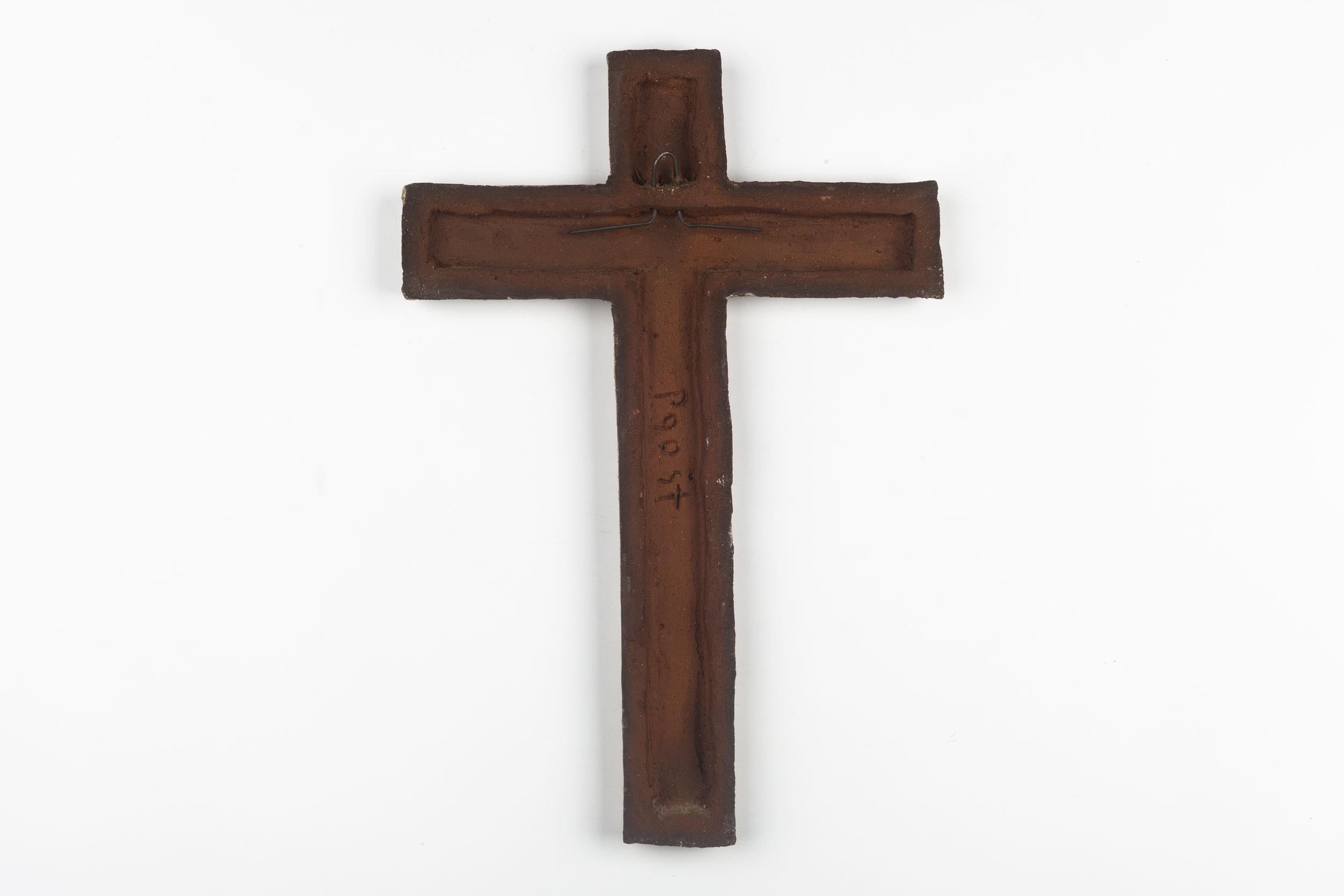 Clay Mid-Century European Crucifix in Ceramic, Matte, Pastels, 1980s