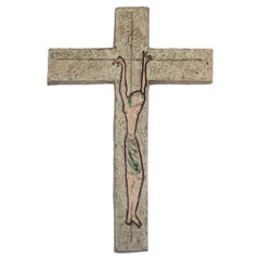 Mid-Century European Crucifix in Ceramic, Matte, Pastels, 1980s