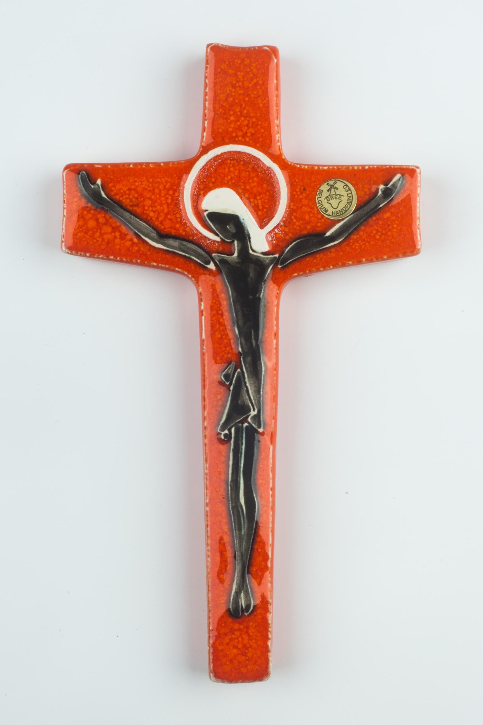 Mid-Century Modern Mid-Century European Crucifix, Orange, Dark Green, White, 1960s