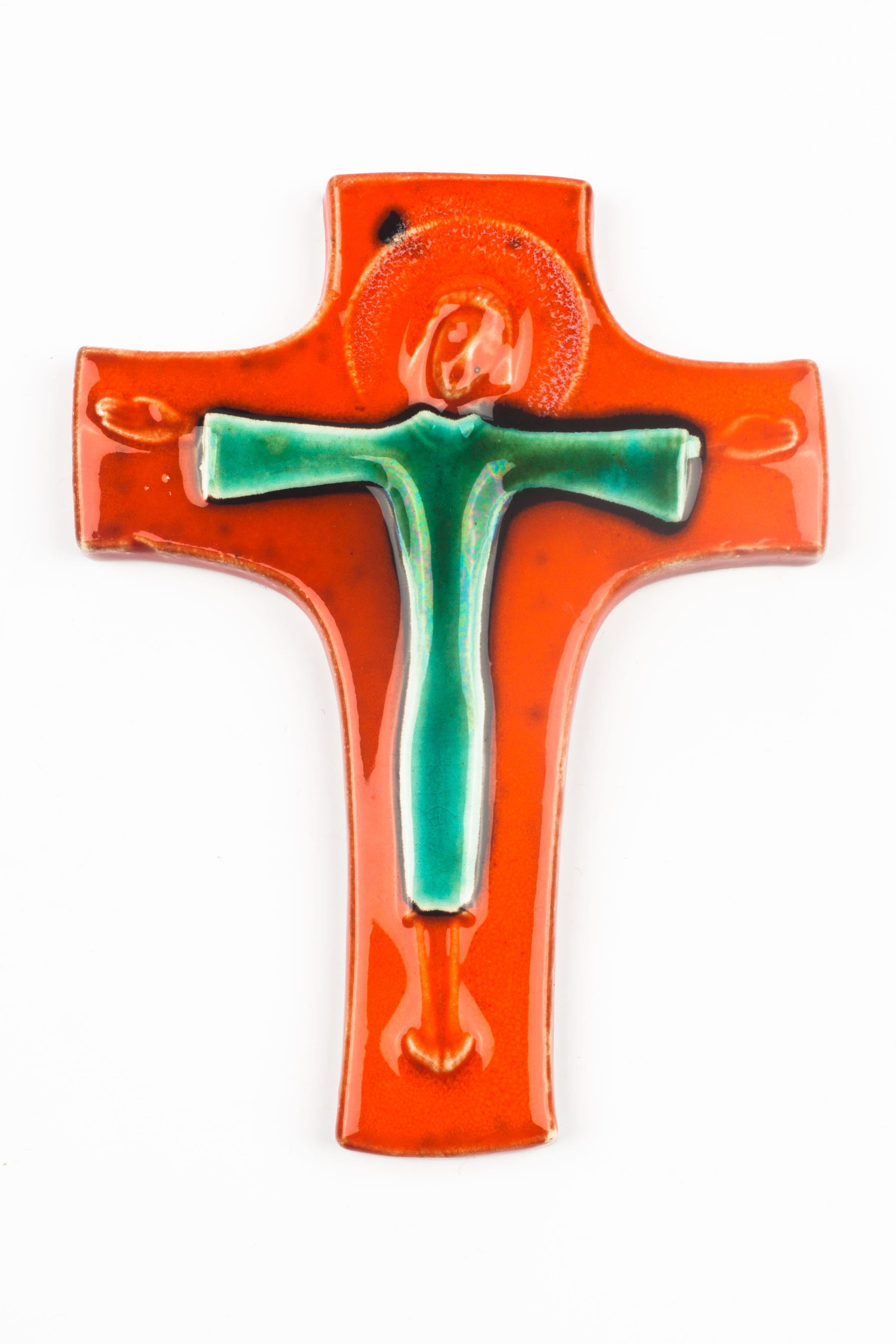 Mid-20th Century Mid-Century European Crucifix, Orange, Green, 1970s