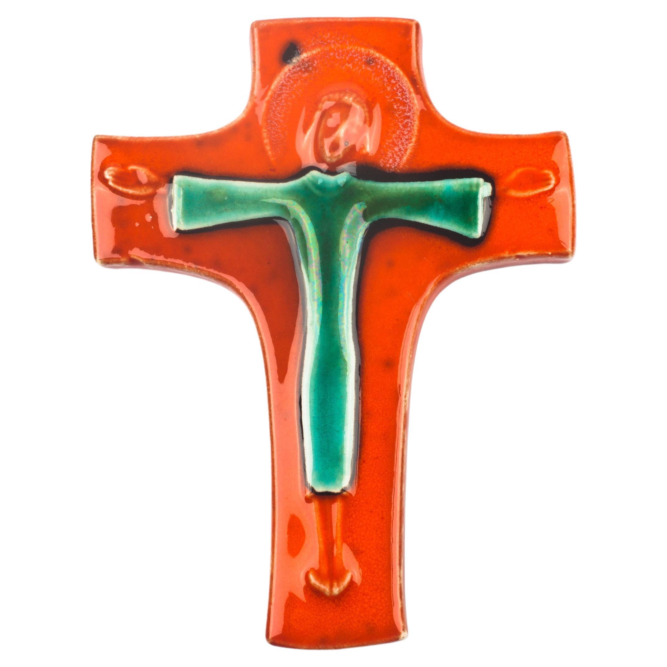 Mid-Century European Crucifix, Orange, Green, 1970s