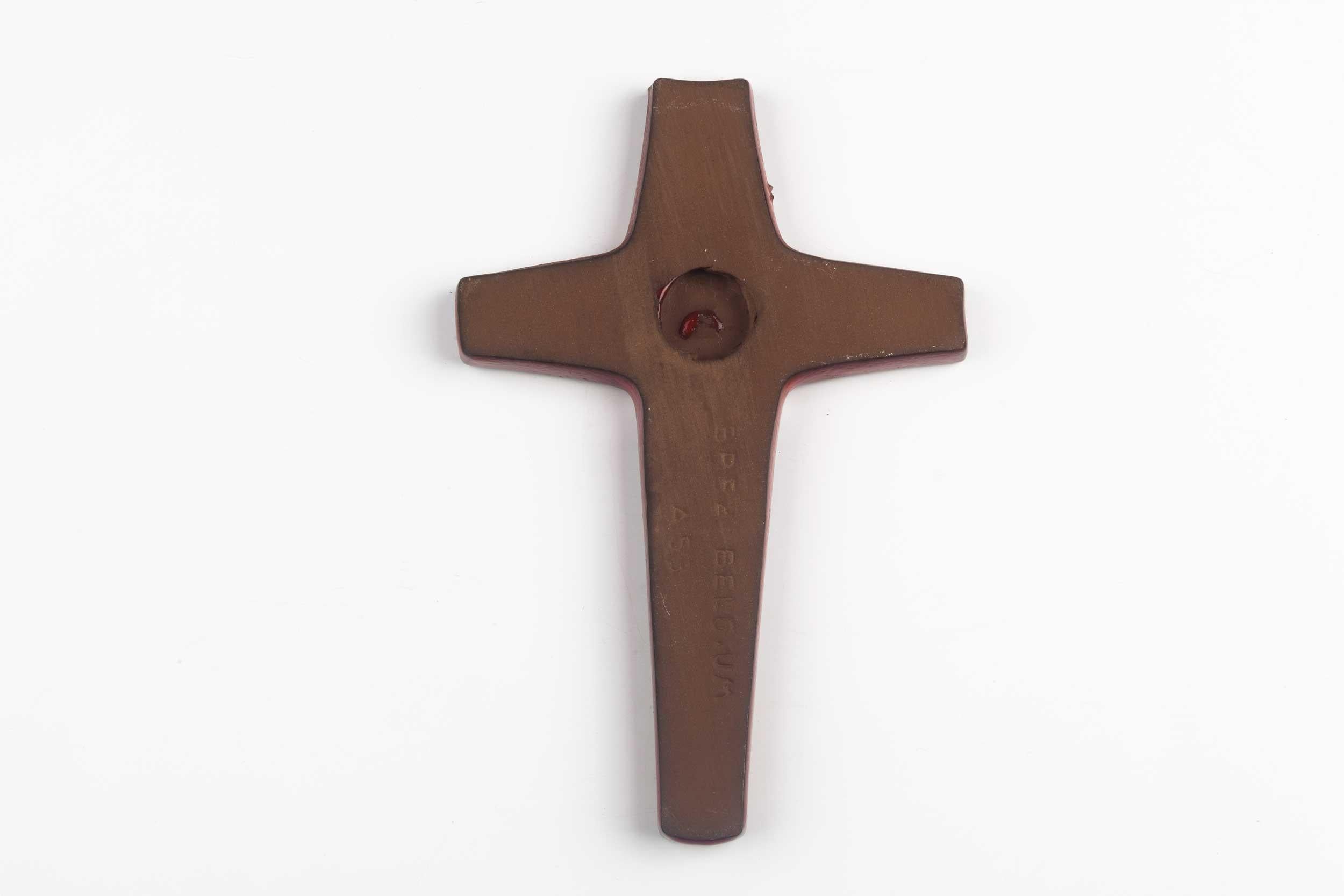 Clay Mid-Century European Crucifix, Red, Grey, Gold, 1960s