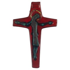 Mid-Century European Crucifix, Red, Grey, Gold, 1960s