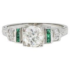 Mid-Century European Diamond Emerald 18 Karat White Gold Vintage Engagement Ring