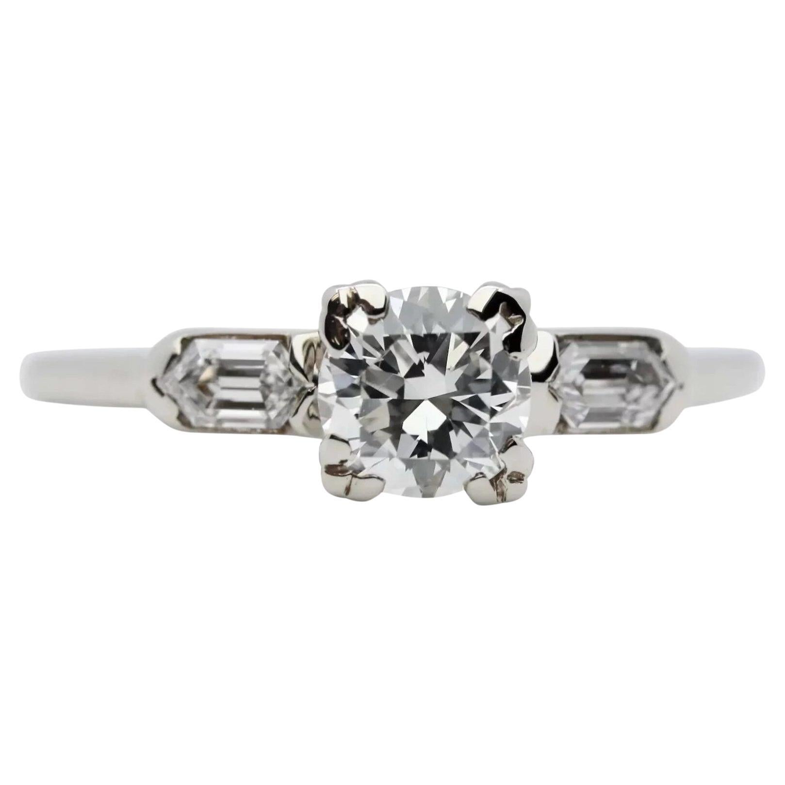 Mid Century European & Hexagon Cut Diamond Engagement Ring in 14K White Gold For Sale
