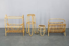Mid Century European Rattan Accessories Set with Tables and Magazine Racks 1960s