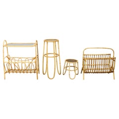 Vintage Mid Century European Rattan Accessories Set with Tables and Magazine Racks 1960s