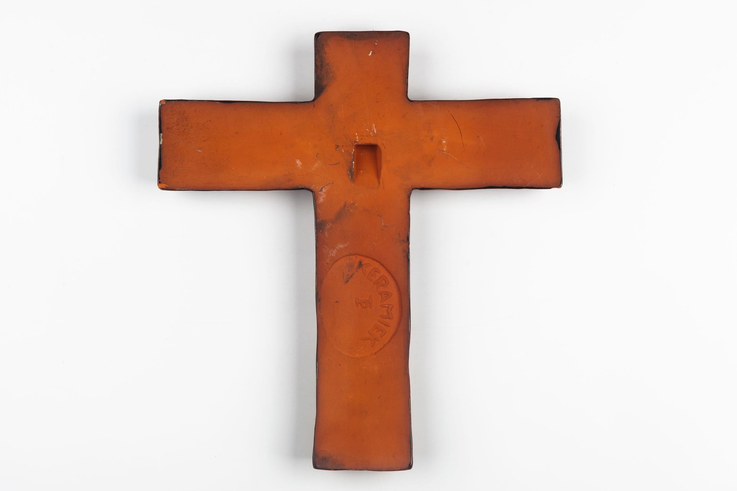Midcentury European Wall Cross, Brown, Black, Textured Ceramic, Handmade, 1970 For Sale 2