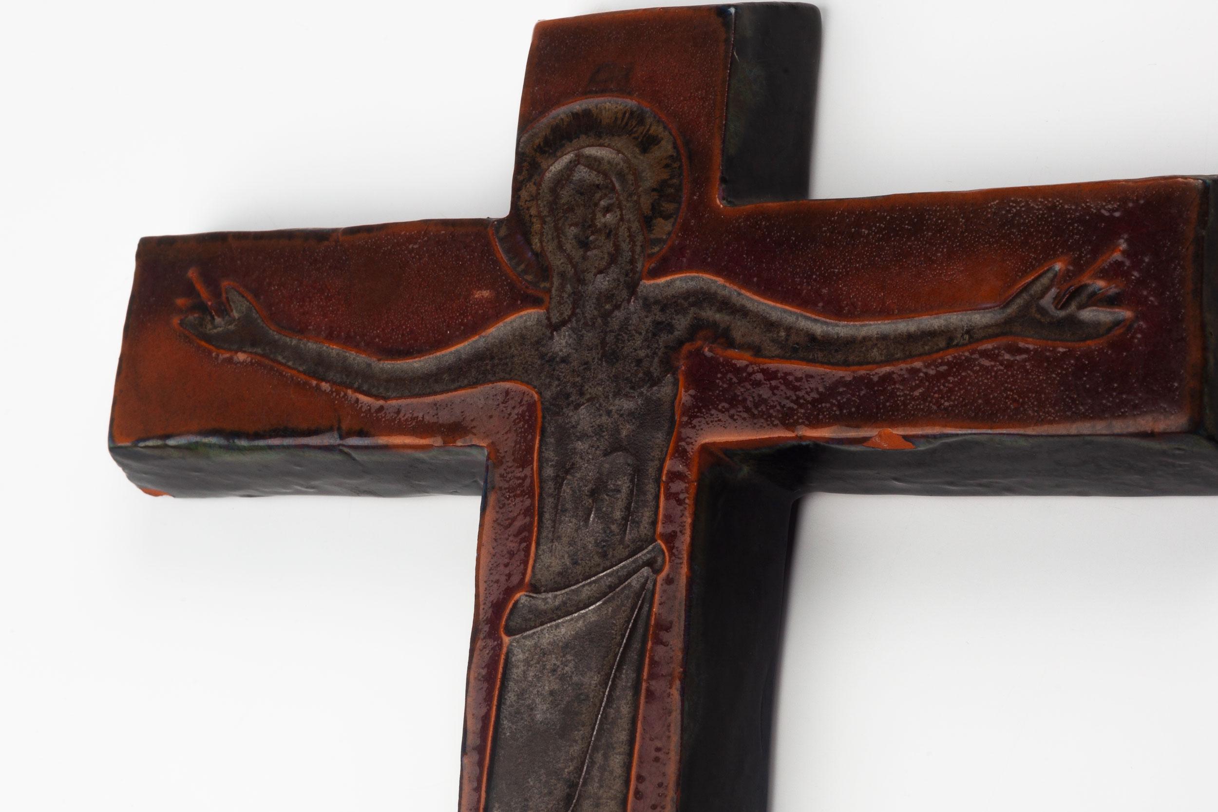 Glazed Midcentury European Wall Cross, Brown, Black, Textured Ceramic, Handmade, 1970 For Sale