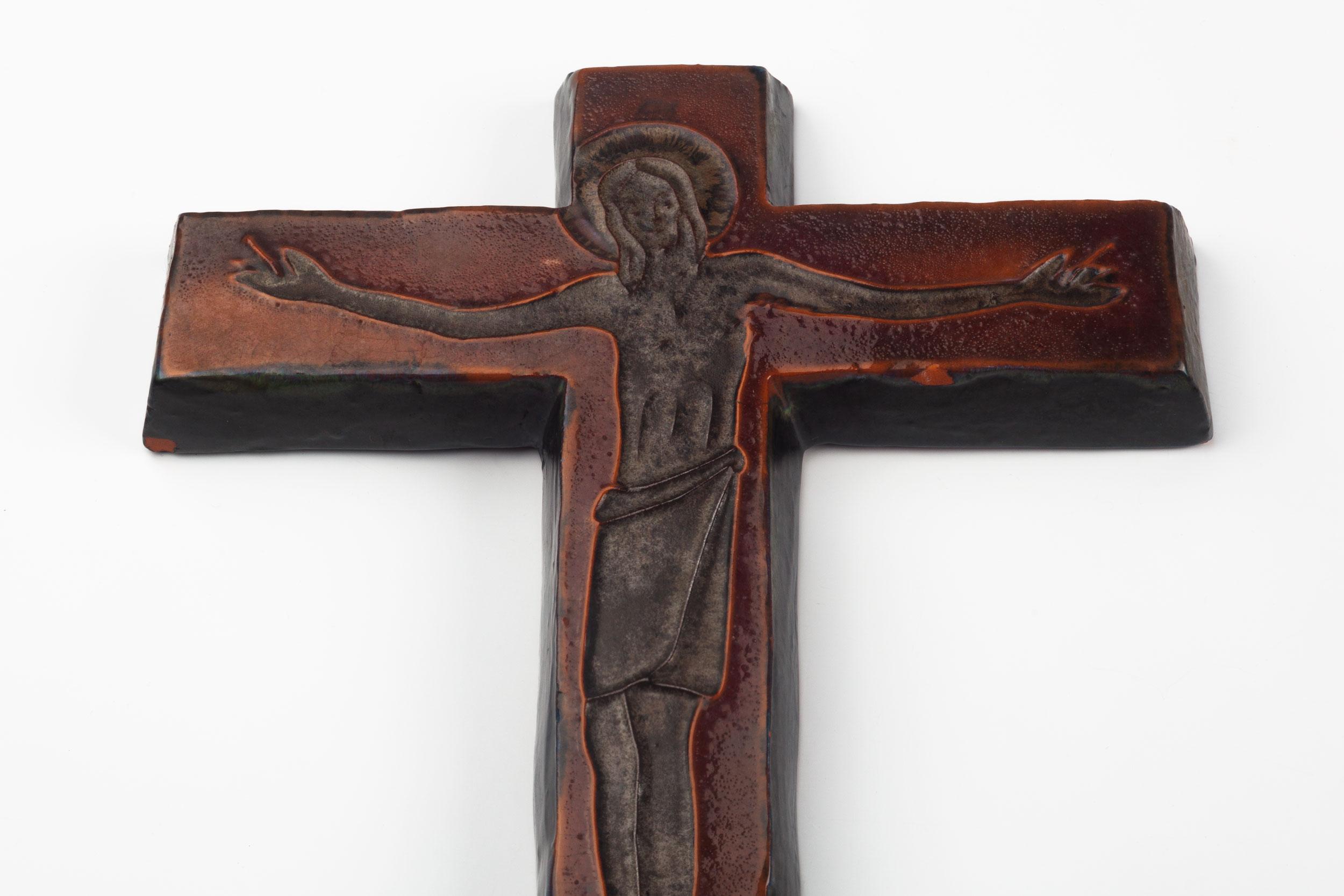 Midcentury European Wall Cross, Brown, Black, Textured Ceramic, Handmade, 1970 In Good Condition For Sale In Chicago, IL