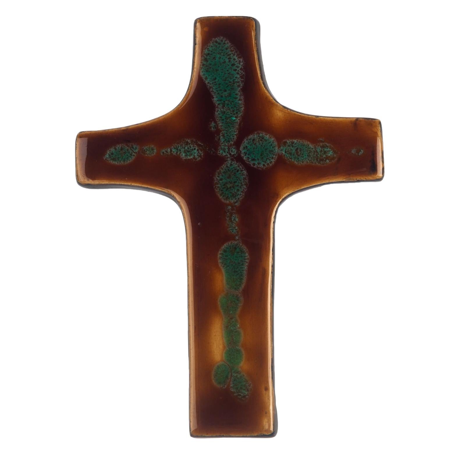 Mid-Century European Wall Cross, Brown, Green, Glazed Ceramic, Handmade, 1970 For Sale