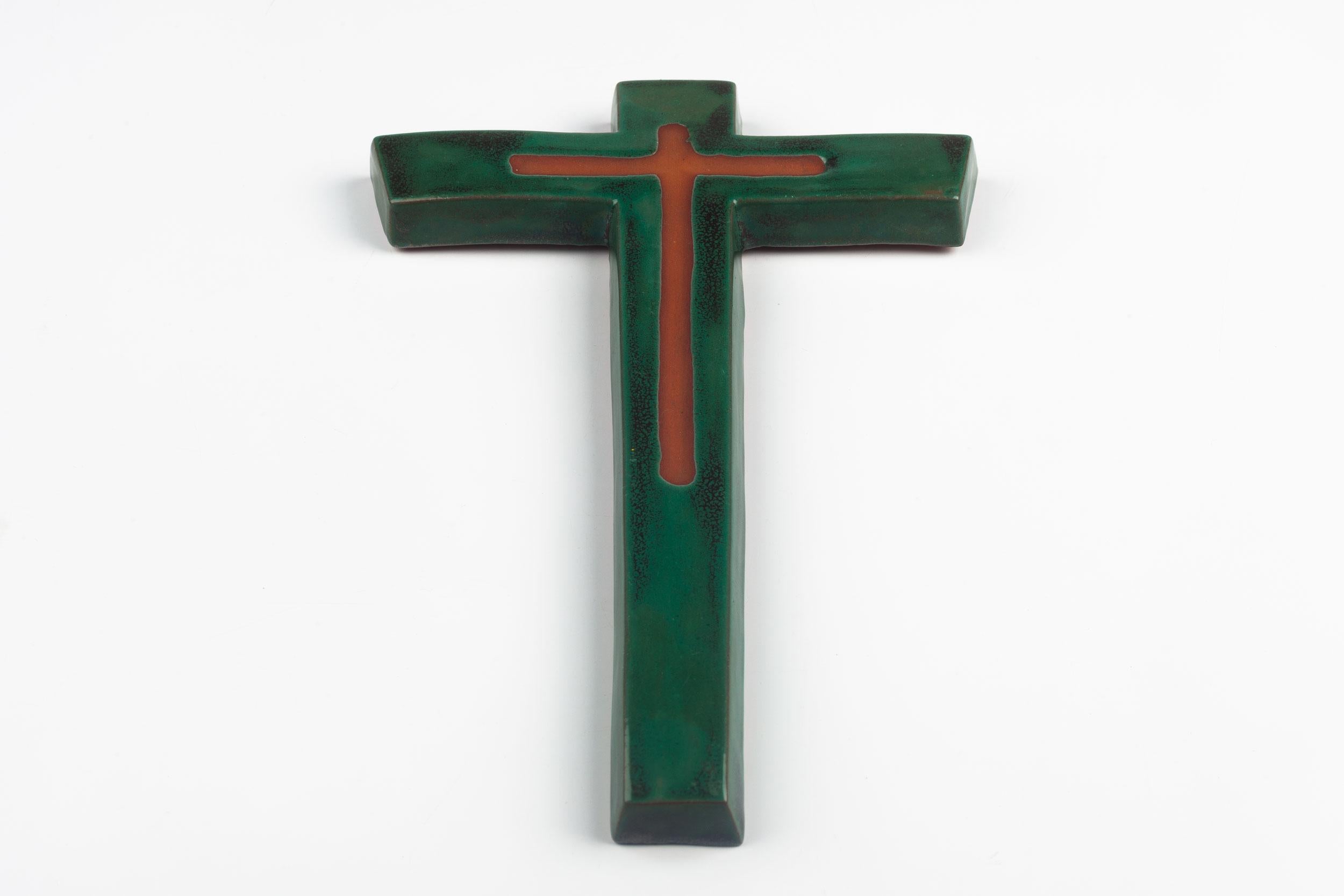 Mid-Century Modern Midcentury European Wall Cross, Brown, Green, Glazed Ceramic, Handmade, 1970 For Sale