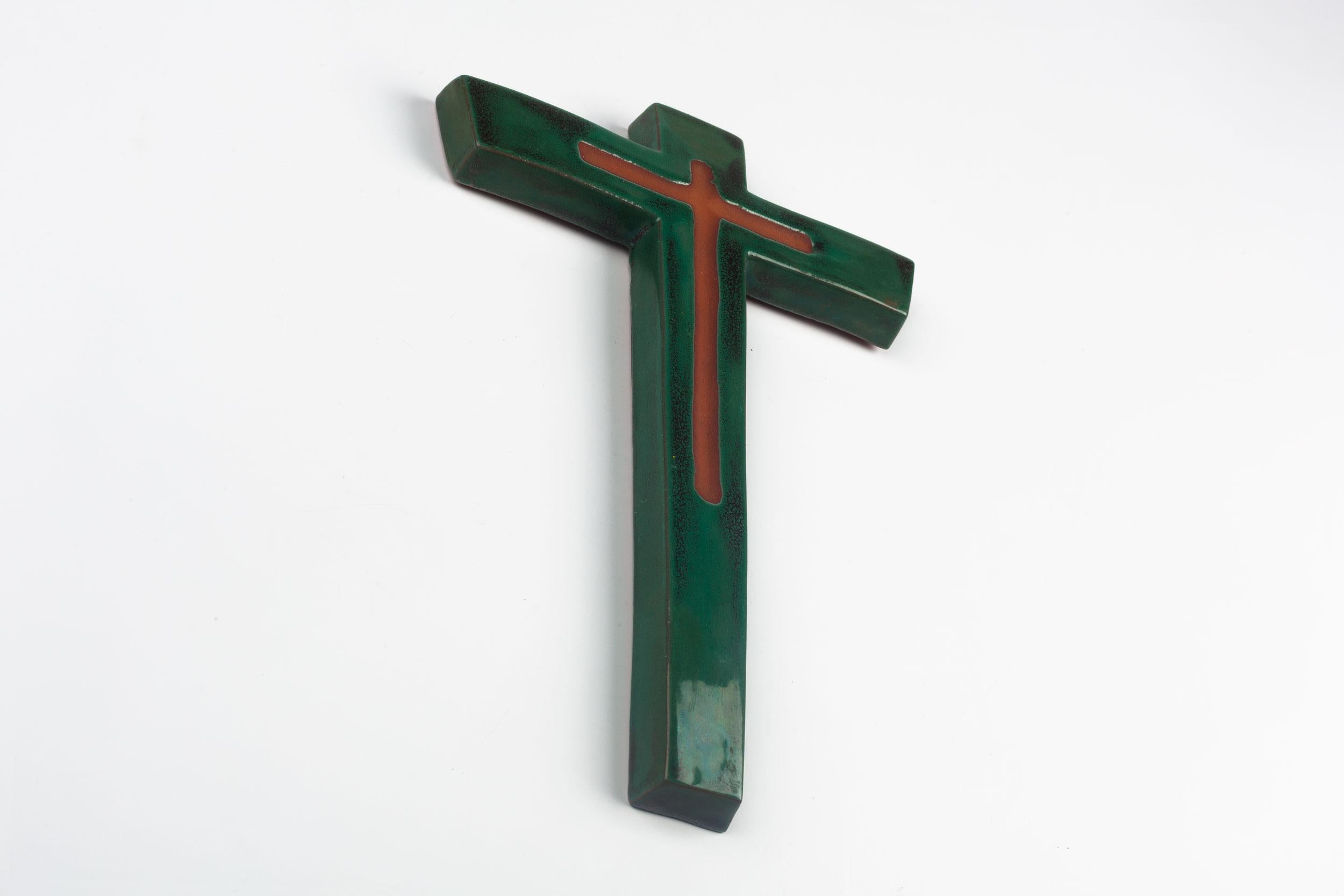 Belgian Midcentury European Wall Cross, Brown, Green, Glazed Ceramic, Handmade, 1970 For Sale