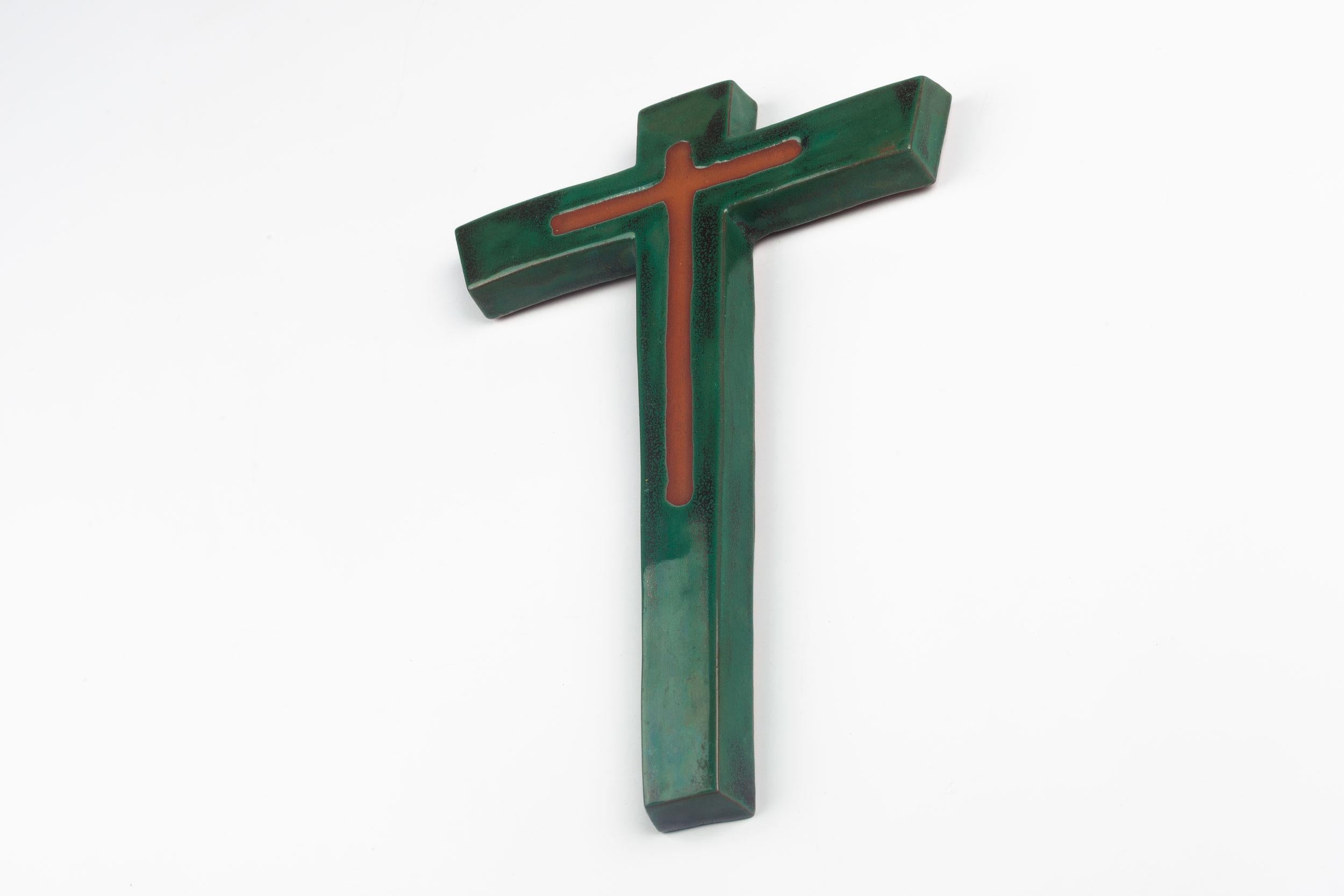Midcentury European Wall Cross, Brown, Green, Glazed Ceramic, Handmade, 1970 In Good Condition For Sale In Chicago, IL