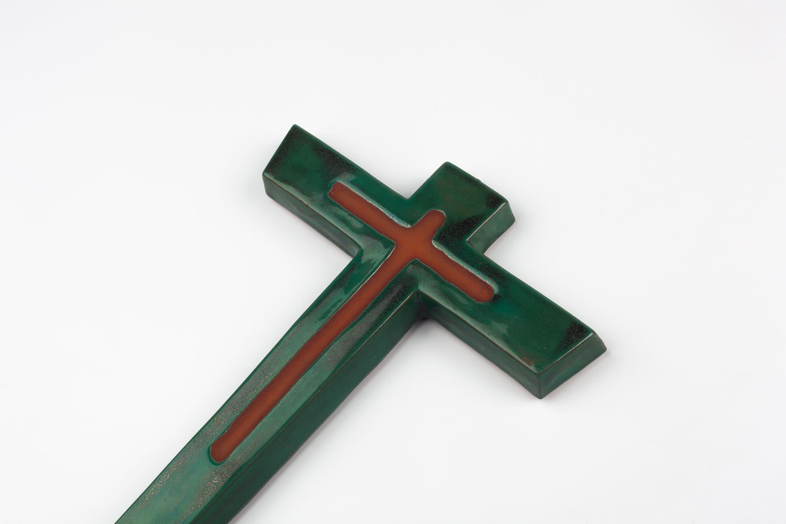 Midcentury European Wall Cross, Brown, Green, Glazed Ceramic, Handmade, 1970 For Sale 2