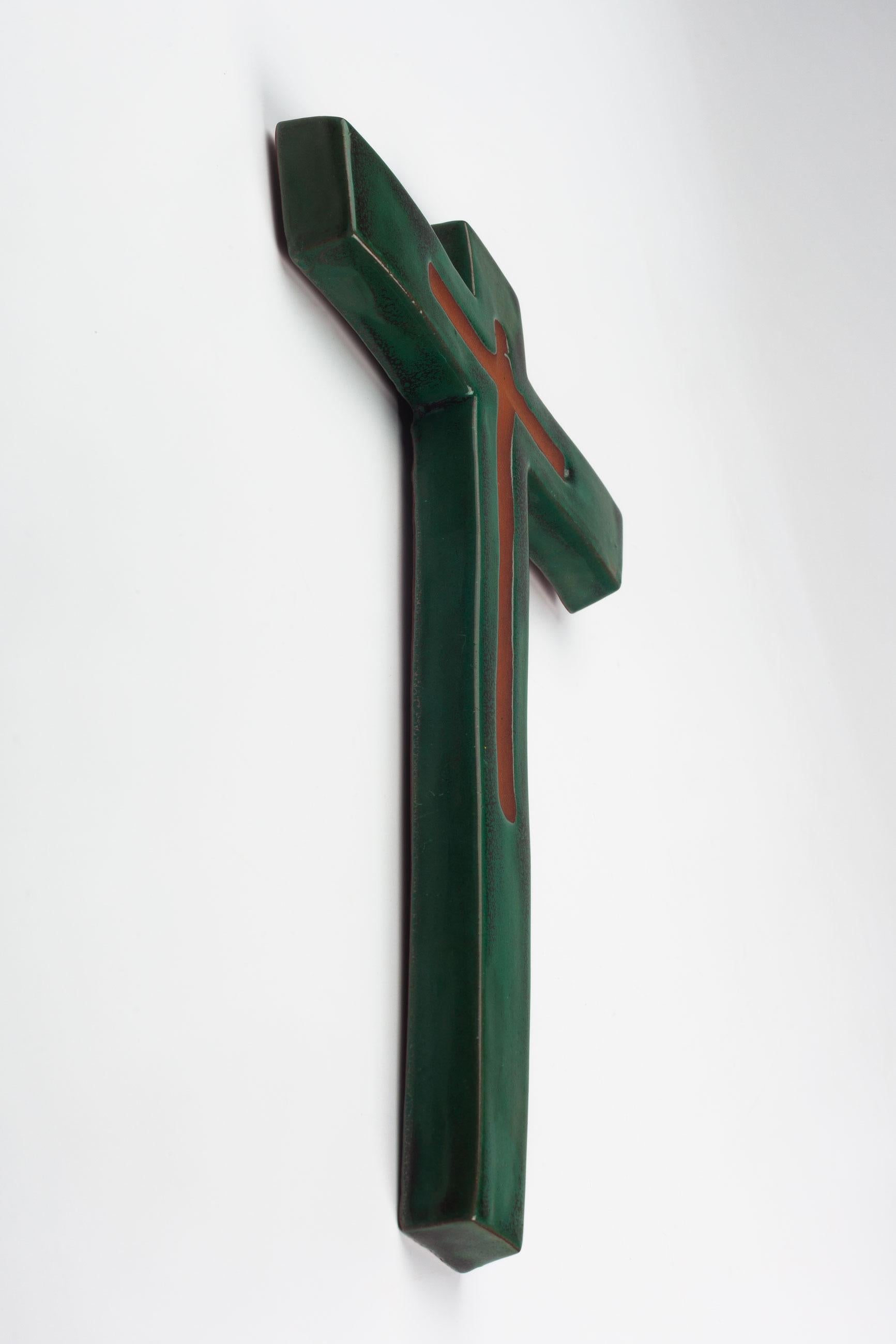 Midcentury European Wall Cross, Brown, Green, Glazed Ceramic, Handmade, 1970 For Sale 3