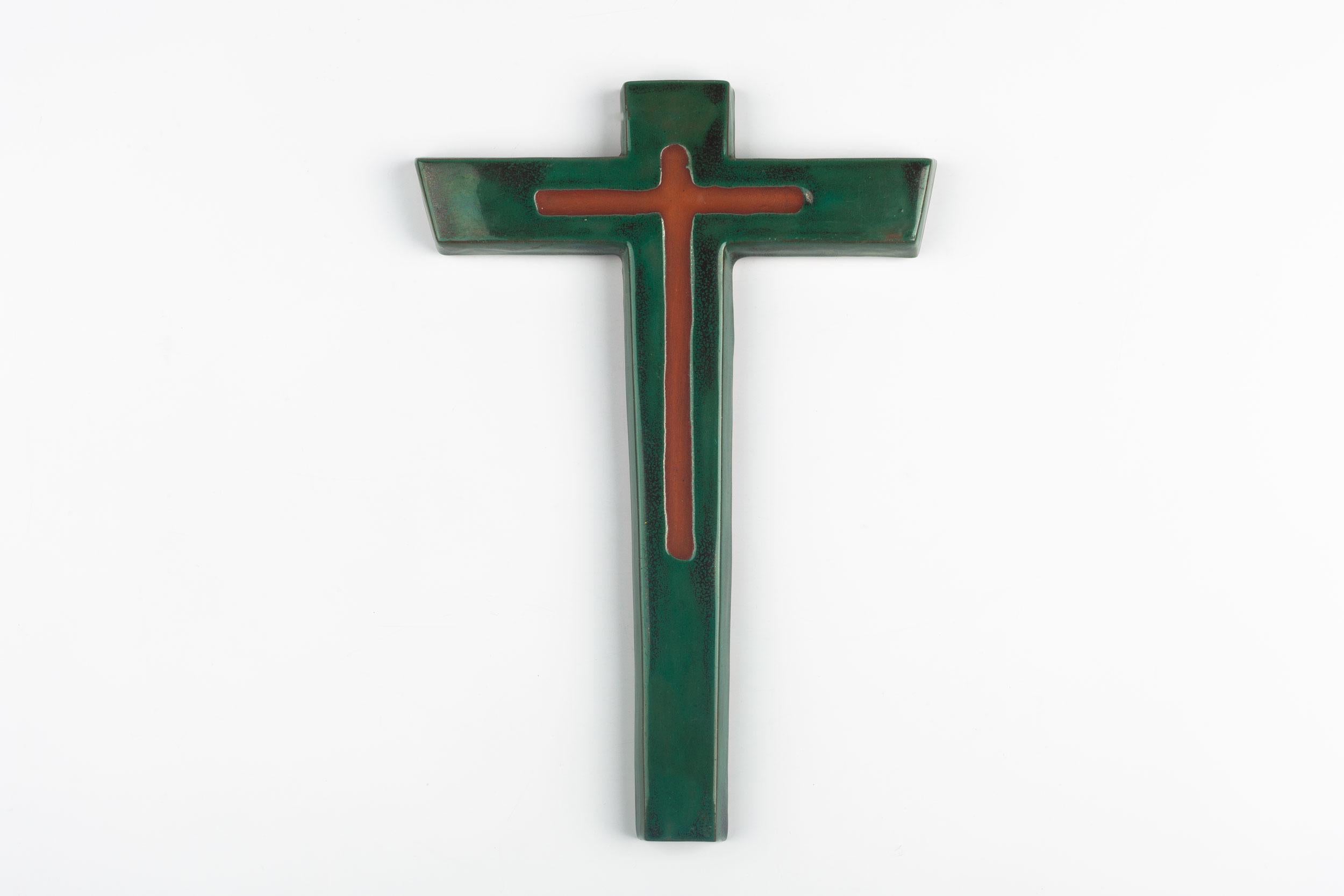 Midcentury European Wall Cross, Brown, Green, Glazed Ceramic, Handmade, 1970 For Sale 5