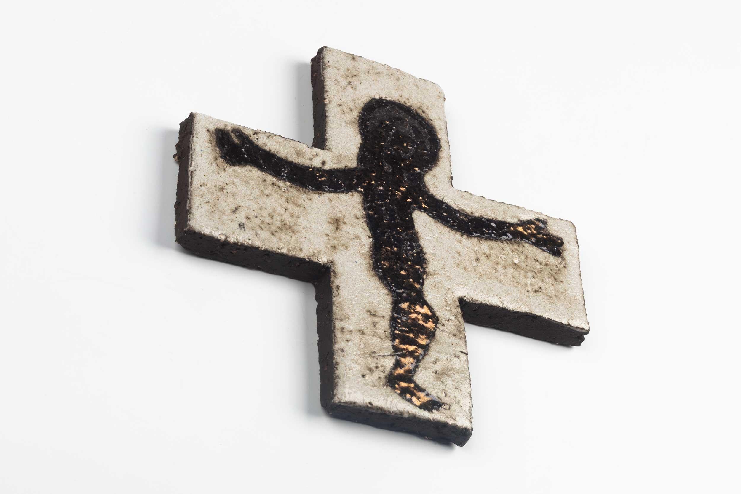 Bohemian Midcentury European Wall Cross, Ceramic, Black, White, Gold, 1980s For Sale