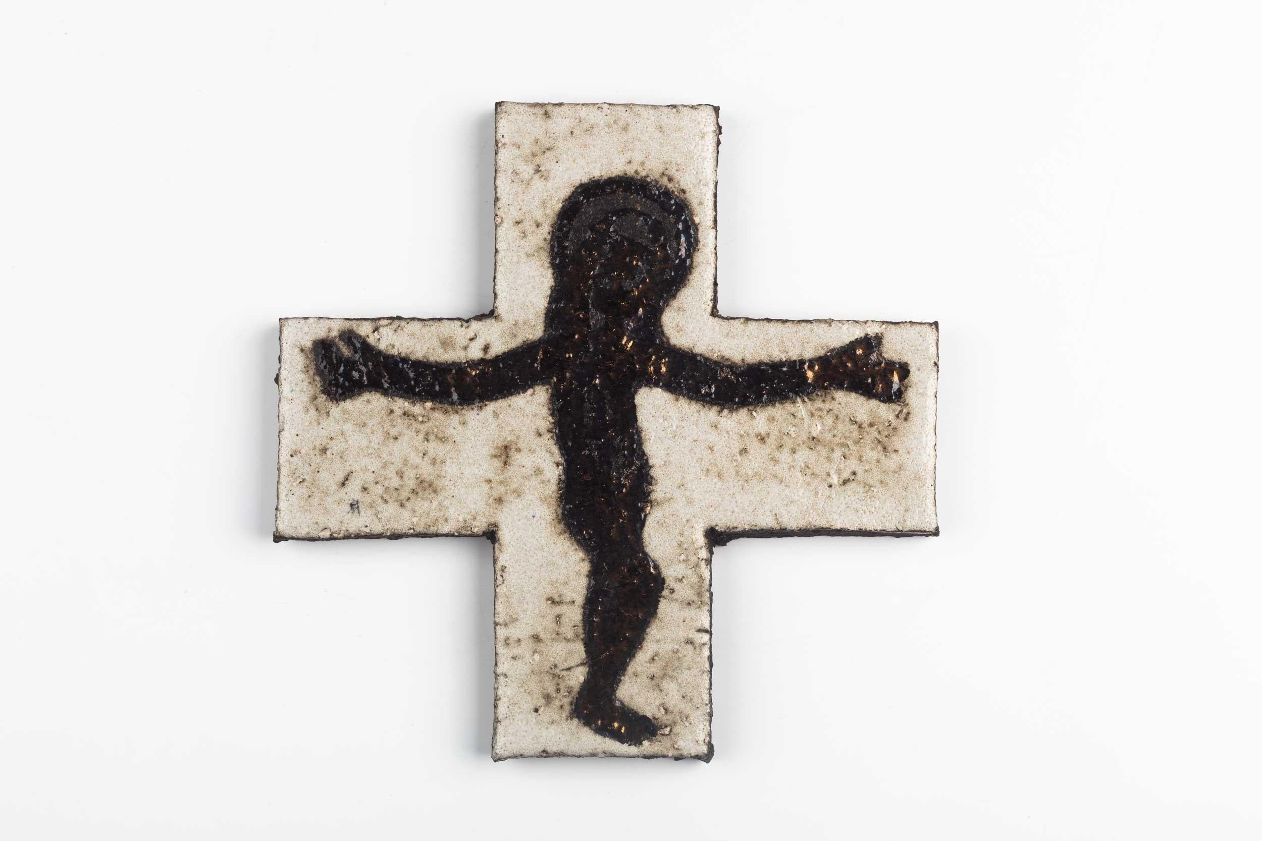 Midcentury European Wall Cross, Ceramic, Black, White, Gold, 1980s In Good Condition For Sale In Chicago, IL