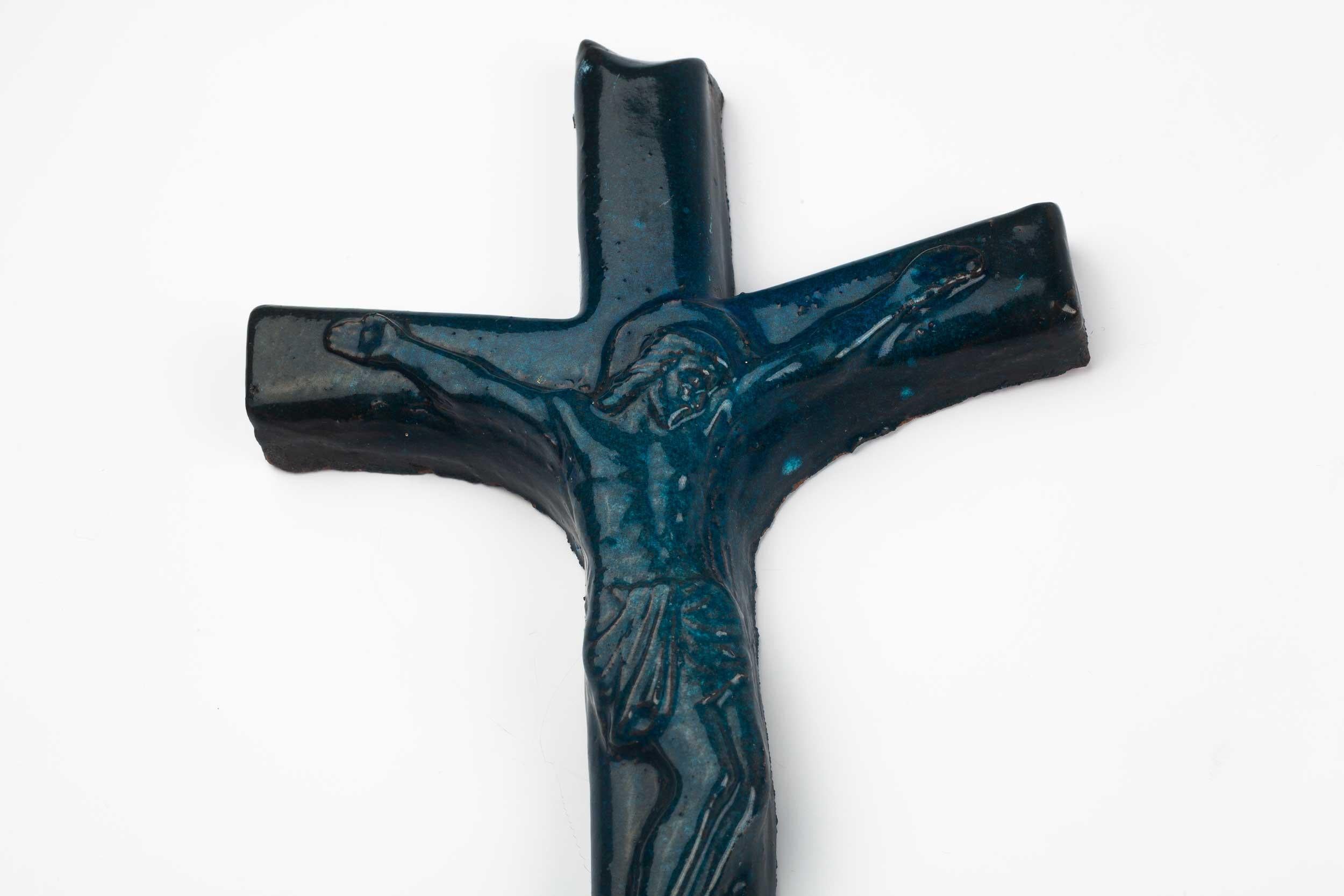Midcentury European Wall Cross, Ceramic, Blue, Black, 1960s In Good Condition For Sale In Chicago, IL