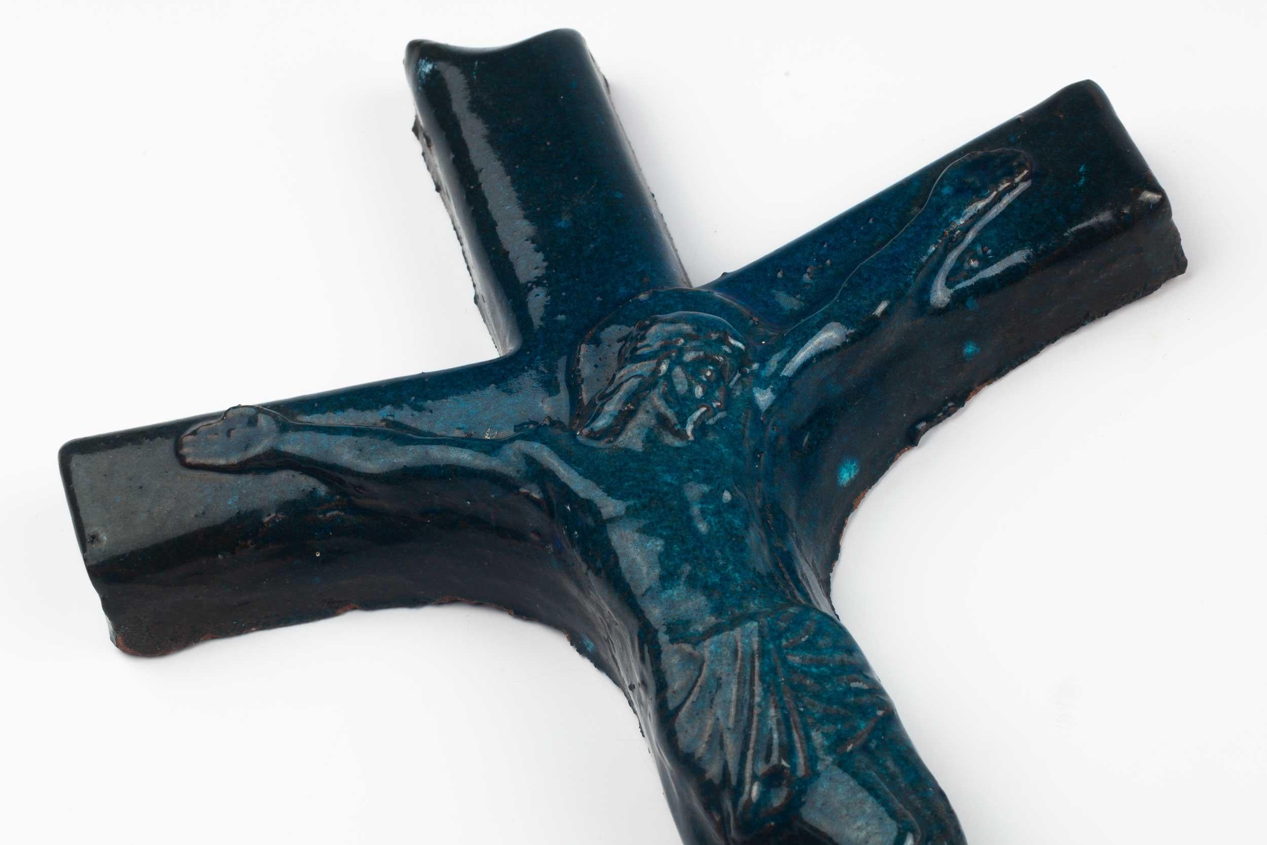 Clay Midcentury European Wall Cross, Ceramic, Blue, Black, 1960s For Sale