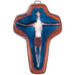 Midcentury European Wall Cross, Ceramic, Blue, Sienna, White, 1960s Midcentury European Wall Cross, Ceramic, Blue, Sienna, White, 1960s