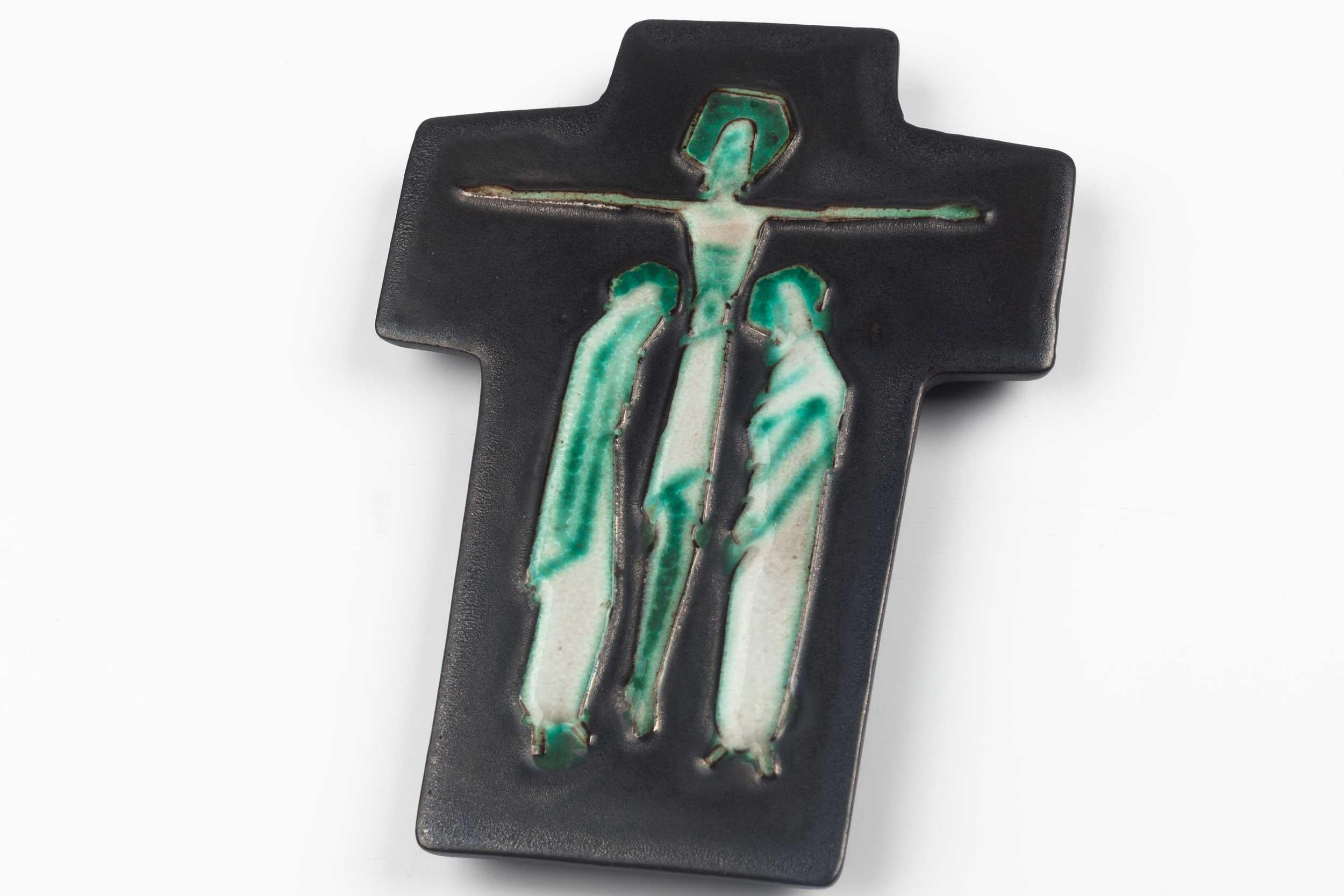 Midcentury European Wall Cross, Ceramic, Grey, Blue, Green, White, 1960s In Good Condition For Sale In Chicago, IL