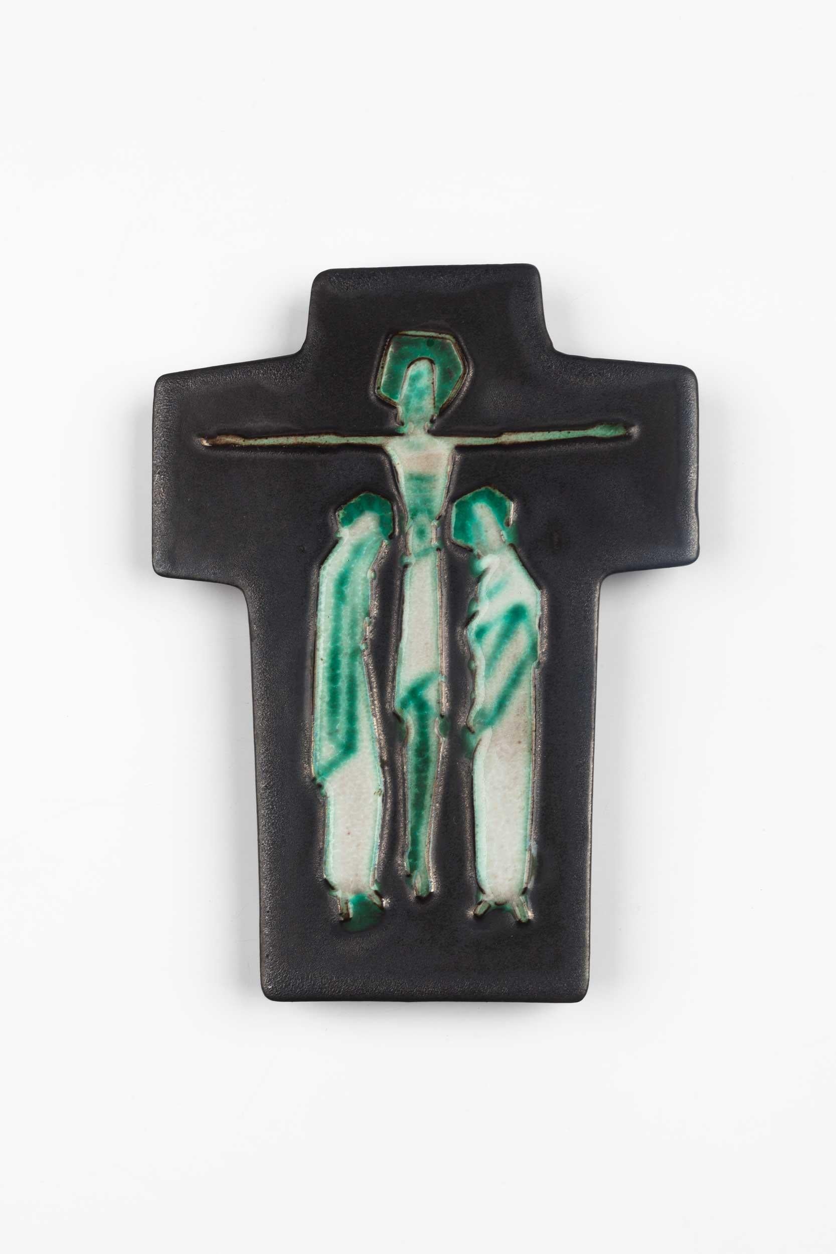 Mid-20th Century Midcentury European Wall Cross, Ceramic, Grey, Blue, Green, White, 1960s For Sale