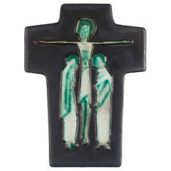 Midcentury European Wall Cross, Ceramic, Grey, Blue, Green, White, 1960s