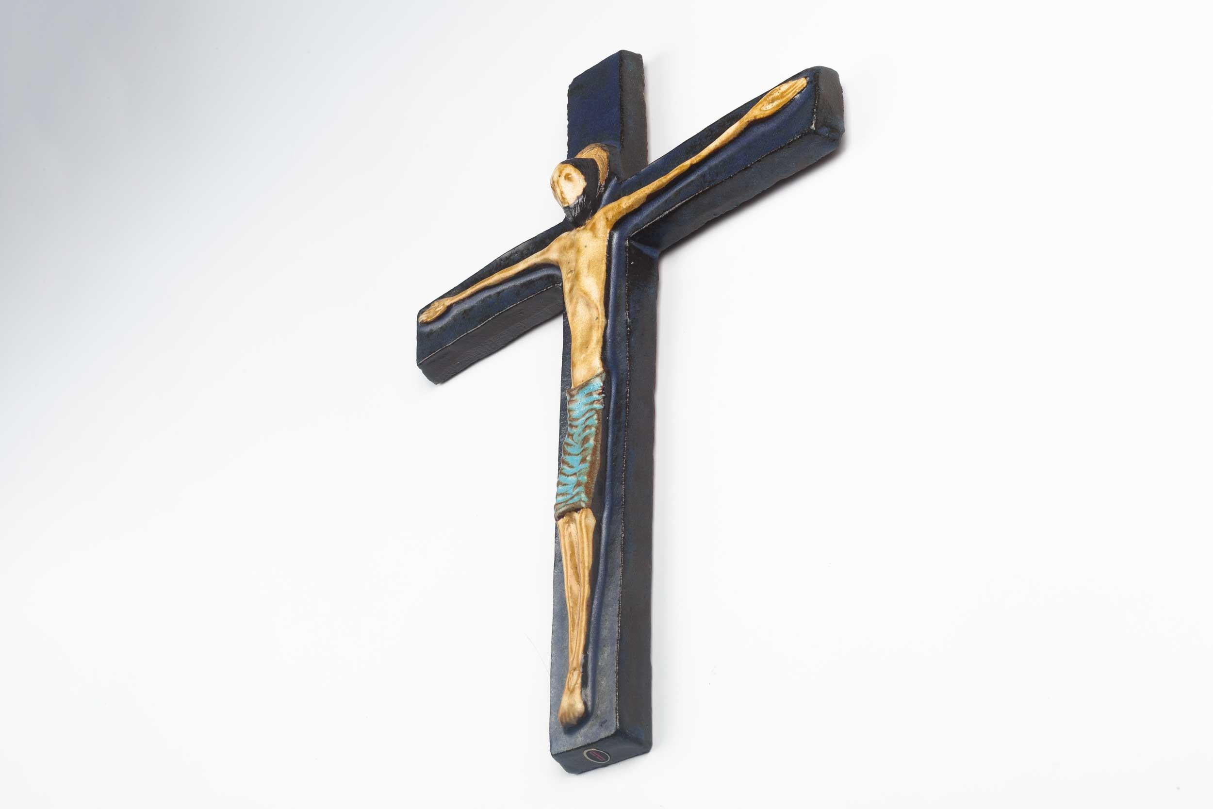 Hand-Crafted Midcentury European Wall Cross, Dark and Light Blue, Brown, 1970s For Sale